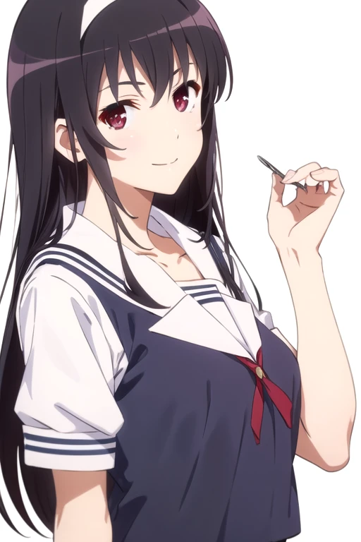 solo, 1girl, looking at viewer, 2D, anime, anime coloring, upper body, (simple background, solid white background:1.3),  <lora:utaha-saekano:0.8>, utaha kasumigaoka, school uniform, smile