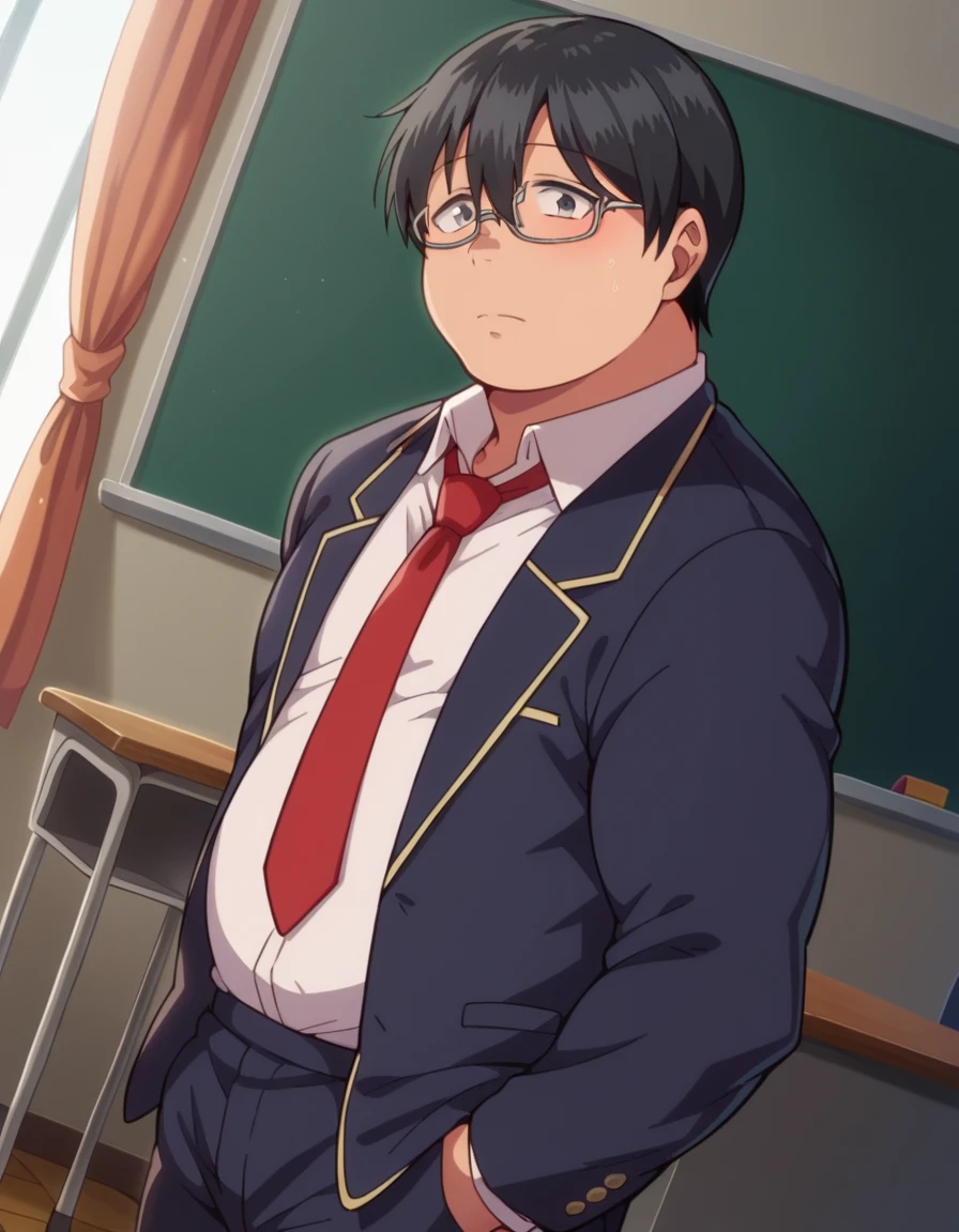 score_9, score_8_up, score_7_up, source_anime,
tazaki, <lora:tazaki-ponyxl-lora-nochekaiser:1>
tazaki, male focus, black hair, black eyes, glasses, hair between eyes, fat,
school uniform, blazer, necktie, shirt, white shirt, collared shirt, pants,
indoors, classroom,
looking at viewer, cowboy shot, dutch angle,