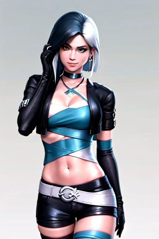 Luna_Snow, 1girl, solo, shirt, black hair, gloves, jewelry, closed mouth, white shirt, upper body, earrings, choker, medium hair, necklace, white choker, blue eyes, simple background, black hair, thighhighs, gloves, navel, cleavage, jewelry, medium breasts, jacket, white hair, earrings, boots, shorts, elbow gloves, midriff, necklace, black footwear, white thighhighs, lips, black jacket, crop top, short shorts, thigh boots, knee boots, striped thighhighs, cropped jacket, white shorts