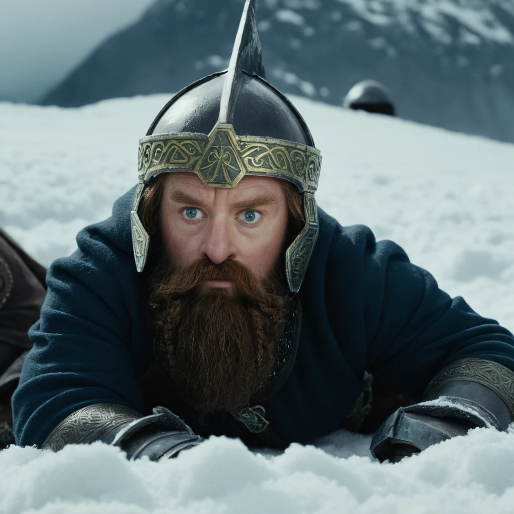 cinematic film still of <lora:The Lord of the Rings style v2:1>
In a Fantasy Middle-earth world in the dark ages dwarfs a dwarf in a snow suit is laying in the snow,solo,1boy,male focus,cloud,facial hair,helmet,cloudy sky,beard,snow,mountain , dramatic light, dramatic shadow light, film contrast, cinematic film color, cinematic film look, filmic, realistic, realism, perfection, perfect, movie still, fantasy drama, epic drama, fictional, Age of Wonders, Age of Empires, warriors, Medieval style, middle ages, dungeons and dragons style, different people, different, unique, kingdoms and castles, violent, aggressive, detailed, perfection, detailed face, detailed body, detailed hands, detailed eyes, sharp, horror themed, dark themed, epic fantasy adventure film style, Legendary, mythical, The Lord of the Rings style, shallow depth of field, vignette, highly detailed, high budget, bokeh, cinemascope, moody, epic, gorgeous, film grain, grainy