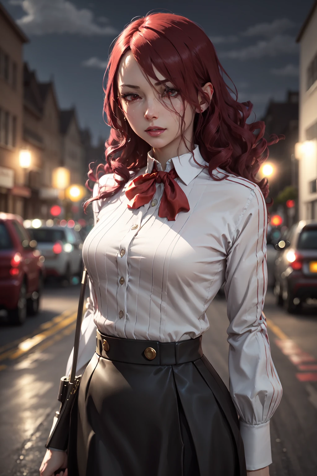 (masterpiece, best quality:1.2), solo, 1girl, makima, expressionless, closed mouth, looking at viewer, braided ponytail, ringed eyes, formal, coat, collared shirt, black necktie, black pants,