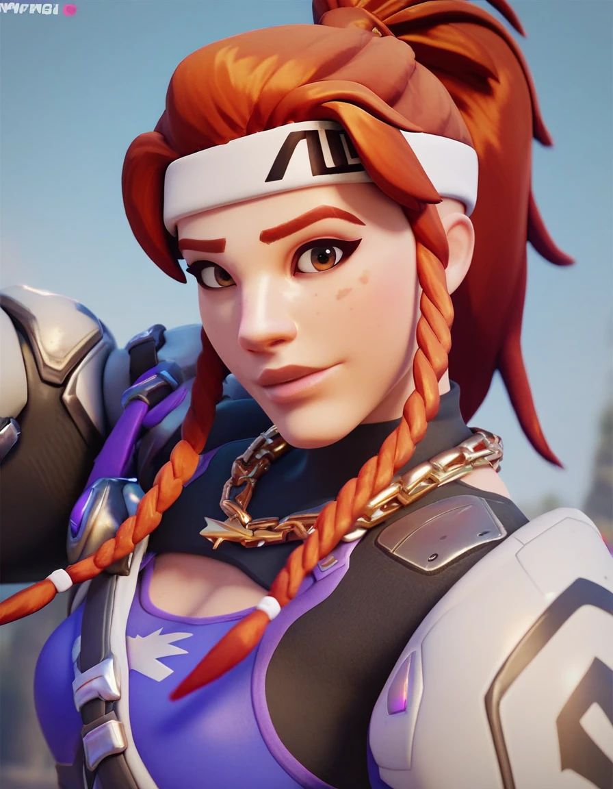 score_9, score_8_up, score_7_up, 1girl, 3d, medium bodyshot , kpopbrig , white headband, brigitte (overwatch), looking at viewer <lora:Brigkpop-35:.7>
