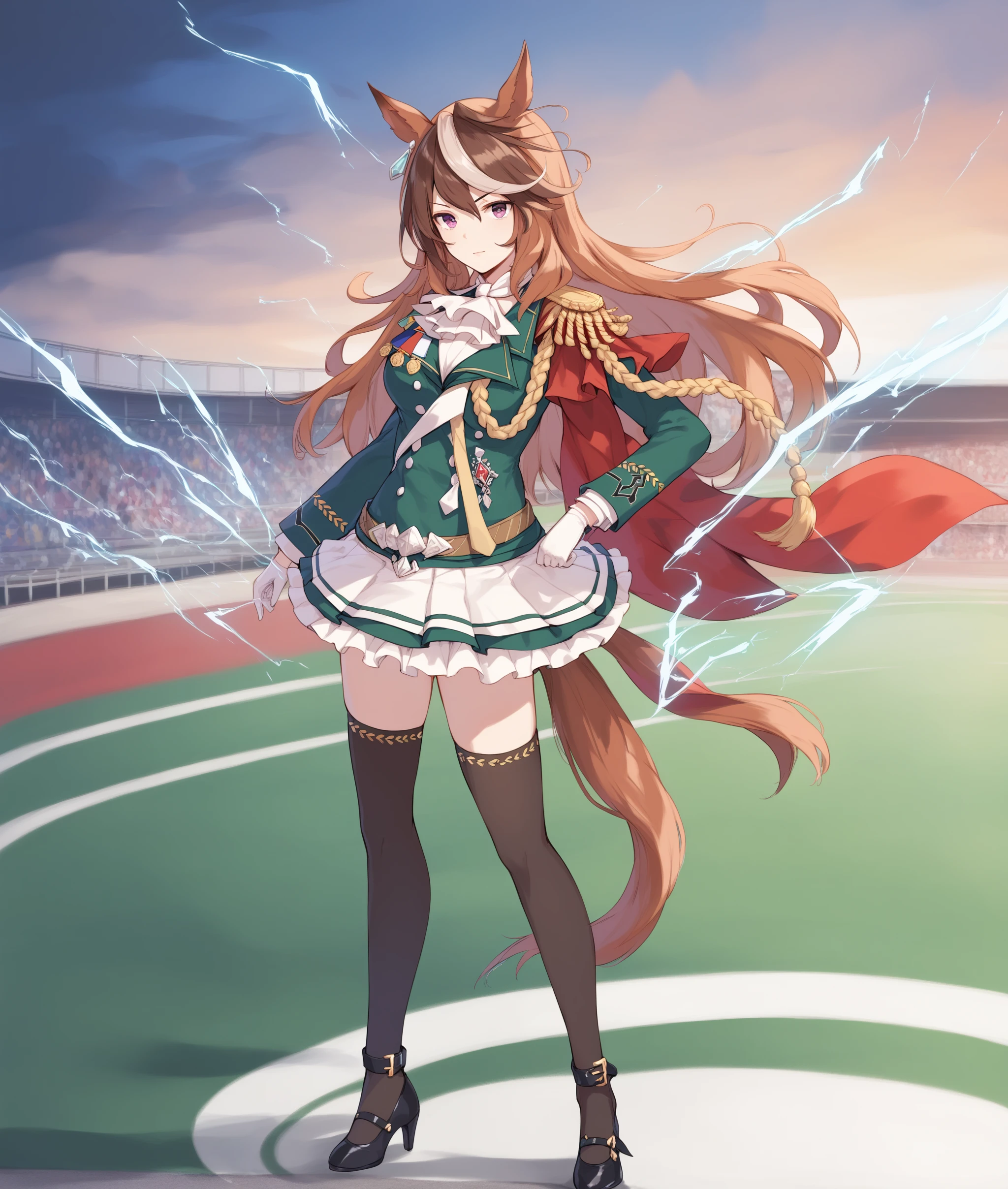 score_9, score_8_up, score_7_up, 2D, anime BREAK
(red thunder), glowing, grassland, racing, dark,
shobufuku, 1girl, solo, long hair, looking at viewer, skirt, brown hair, thighhighs, gloves, long sleeves, animal ears, jewelry, standing, purple eyes, tail, full body, white hair, multicolored hair, earrings, frills, black thighhighs, white gloves, cape, high heels, streaked hair, ascot, horse ears, horse girl, horse tail, electricity, white ascot, single epaulette, <lora:symboli_rudoruf-ponyXL:1>,
