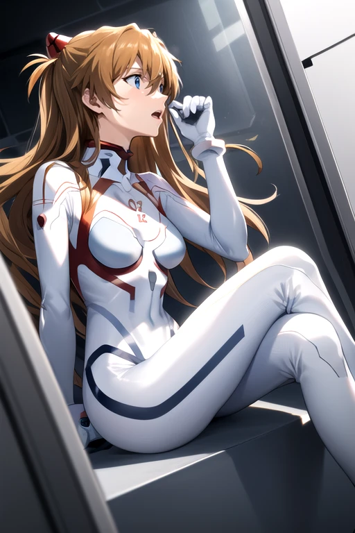 souryuu asuka langley, white bodysuit, (masterpiece, best quality),<lora:souryuu asuka langley:1>,dutch angle,depth of field,sitting, hands up, open mouth, talking, looking afar, from side, crossed legs, shiny clothes,