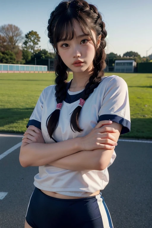 photo of <lora:ichika_matsum_lora:1>,black hair,braids,brown eyes,1girl,solo,wearing track uniform,olympic field,portrait,best quality,masterpiece,illustration,an extremely delicate and beautiful,CG,unity,Amazing,finely detail,official art,8k wallpaper,incredibly absurdres,highres,extremely detailed,beautiful detailed girl