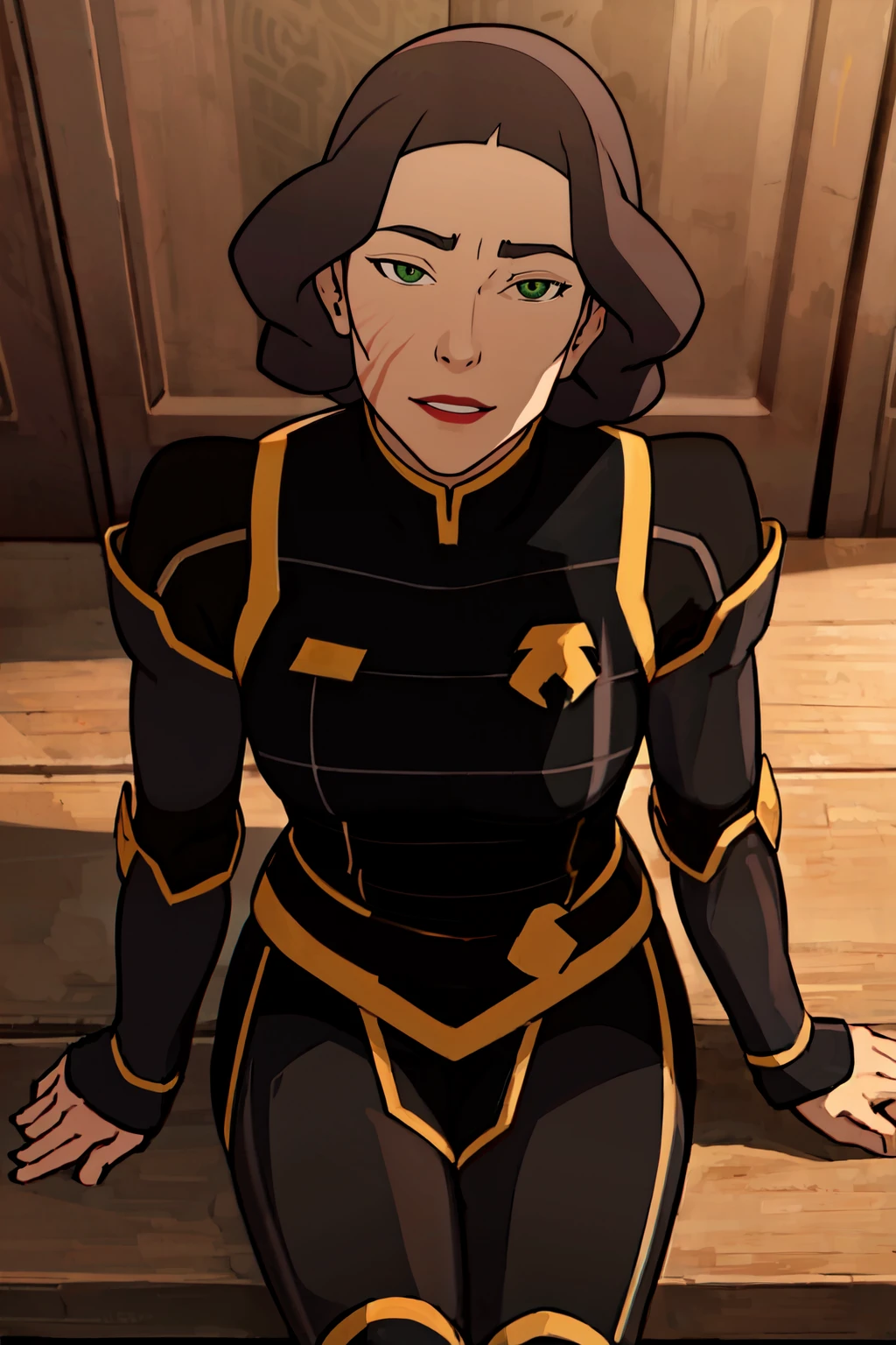 ((masterpiece,best quality)), absurdres,  <lora:Lin_Bei_Fong_v2:0.8>,  Lin_Bei_Fong, 1girl, solo, short_hair, black_hair, green_eyes, parted_lips, scar, uniform, makeup, lipstick, red_lips, shoulder armor, solo, smiling, looking at viewer, (sitting, head tilt, from above:1.1),