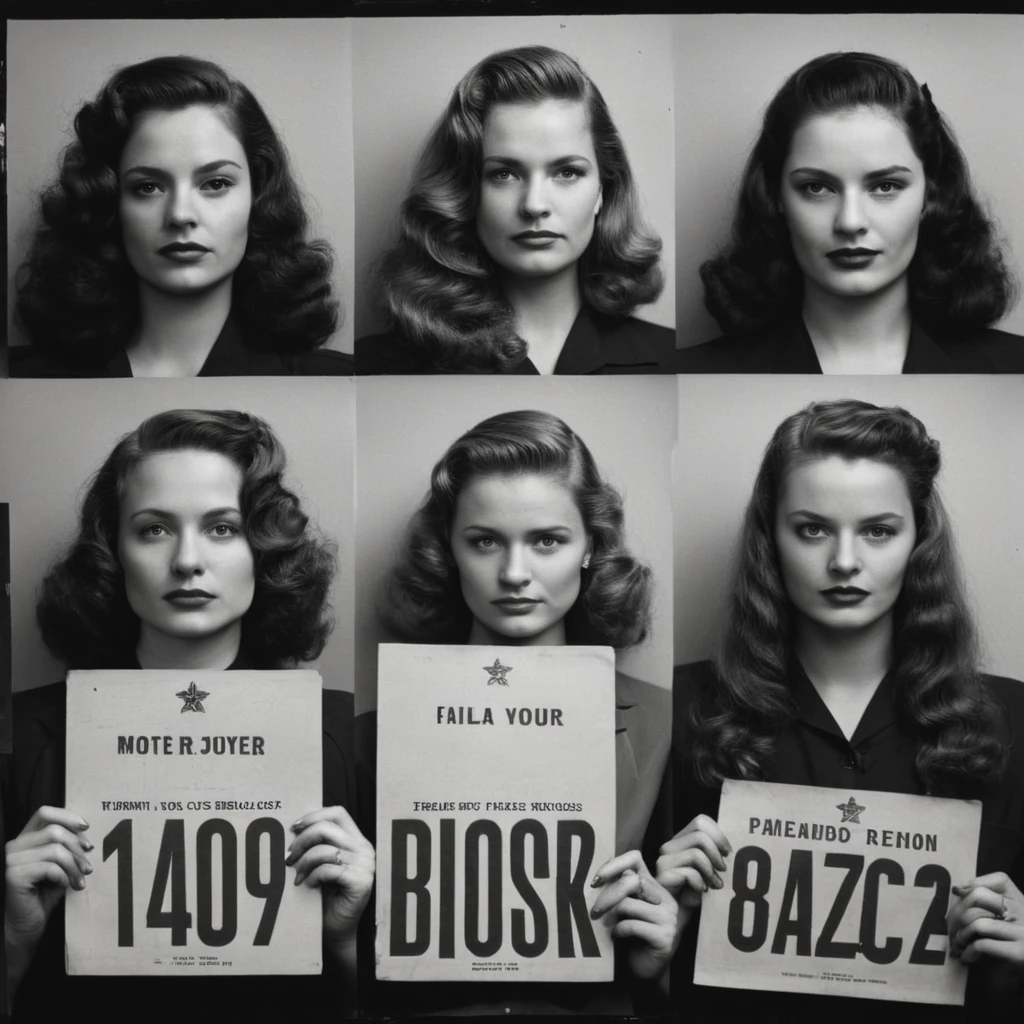 cinematic film still of  <lora:1940's style:1>
In the 1940's a series of mugshot photos of different criminal women holding a mugshot sign,long hair,multiple girls,1boy,monochrome,greyscale,3girls,english text,realistic  ,realistic,realism,perfection,perfect,filmic,retro,vintage,classic,different haircut,different look,different style,1940's style , 1940 style, shallow depth of field, vignette, highly detailed, high budget, bokeh, cinemascope, moody, epic, gorgeous, film grain, grainy