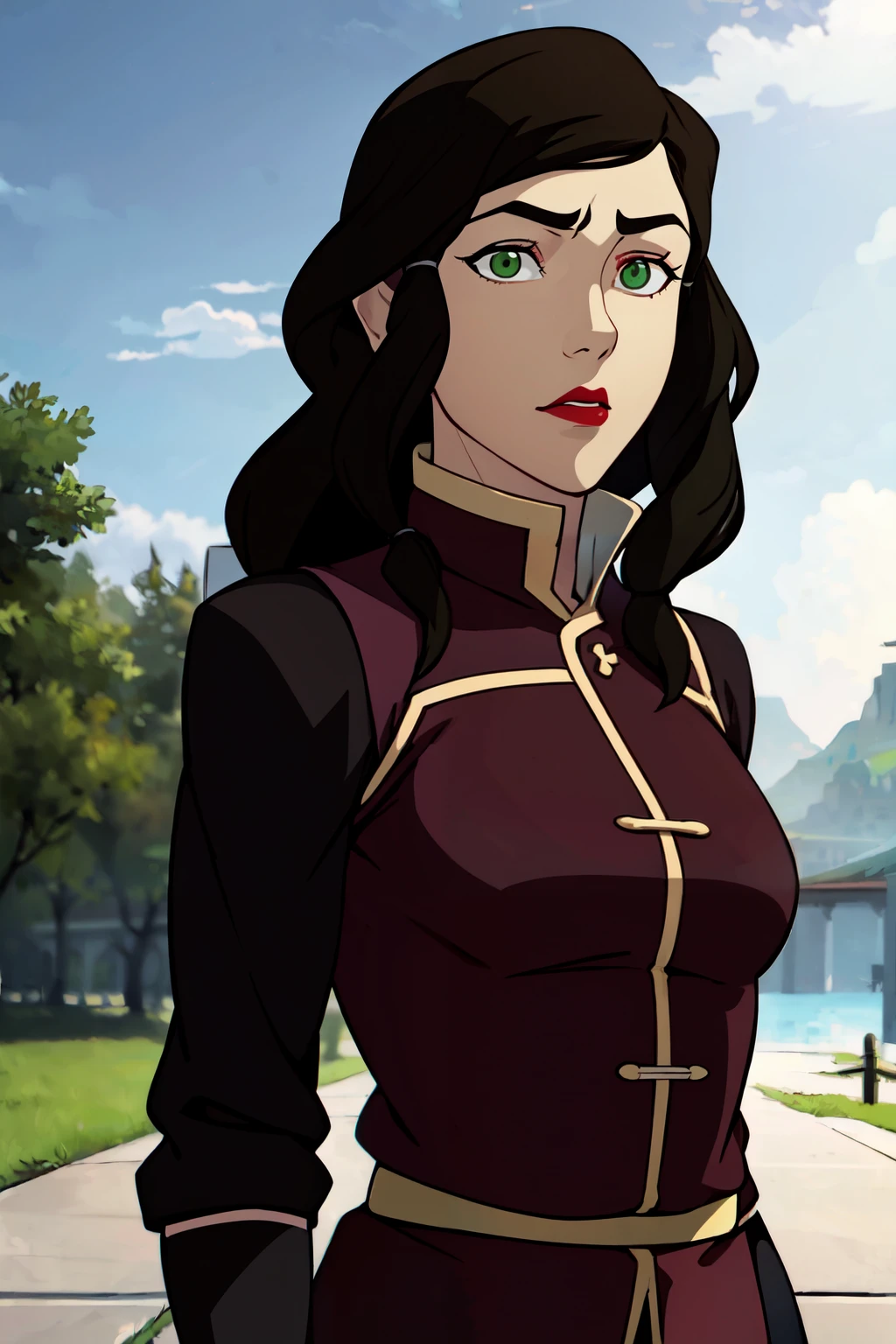 ((masterpiece,best quality)), absurdres, <lora:The_Legend_of_Korra:0.8>, the legend of korra, masterpiece, best quality, 1girl, solo, lipstick, makeup, black hair, long hair, wavy hair, green eyes, red lips, looking to the side, outdoors, (black jacket:1.1), looking away, portrait