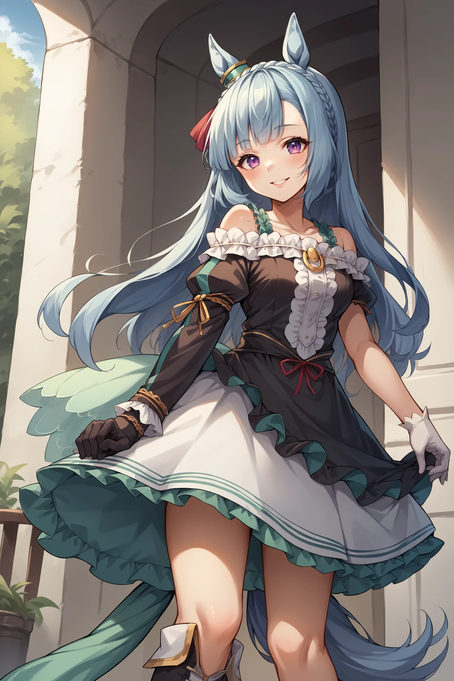 score_9, score_8_up, score_7_up, , rating_general ,1girl , ards, crown braid, horse ears, ear ornament, frills, off-shoulder dress, uneven sleeves, asymmetrical gloves, horse tail, mismatched footwear, dynamic angle , source_anime , cowboy shot, indoors, naughty face, smile, night, outdoors, <lora:ArdanPDCAME UMA:1>