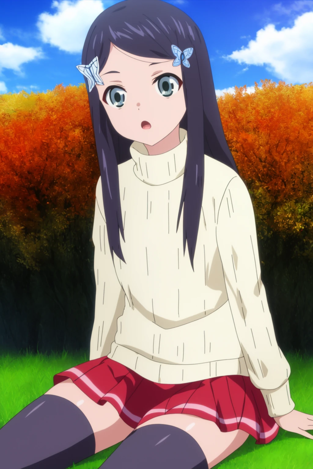 sysdeep_mitsuha, 1girl, solo, long_hair, open_mouth, skirt, black_hair, hair_ornament, thighhighs, sitting, outdoors, sky, day, hairclip, black_thighhighs, cloud, :o, sweater, blue_sky, zettai_ryouiki, grey_eyes, turtleneck, grass, pink_skirt, butterfly_hair_ornament, anime_coloring