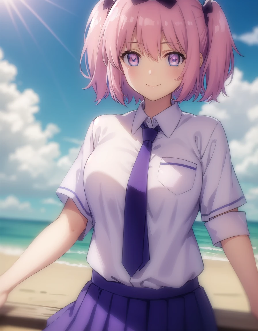 skhibari, <lora:sk hibari s1-lora-nochekaiser:1>,
hibari, short hair, bow, twintails, pink hair, hair bow, symbol-shaped pupils, short twintails, blue eyes,
BREAK skirt, bow, school uniform, necktie, purple skirt,
BREAK outdoors, classroom,
BREAK looking at viewer, (cowboy shot:1.5), smile,
BREAK <lyco:GoodHands-beta2:1>, (masterpiece:1.2), best quality, high resolution, unity 8k wallpaper, (illustration:0.8), (beautiful detailed eyes:1.6), extremely detailed face, perfect lighting, extremely detailed CG, (perfect hands, perfect anatomy),