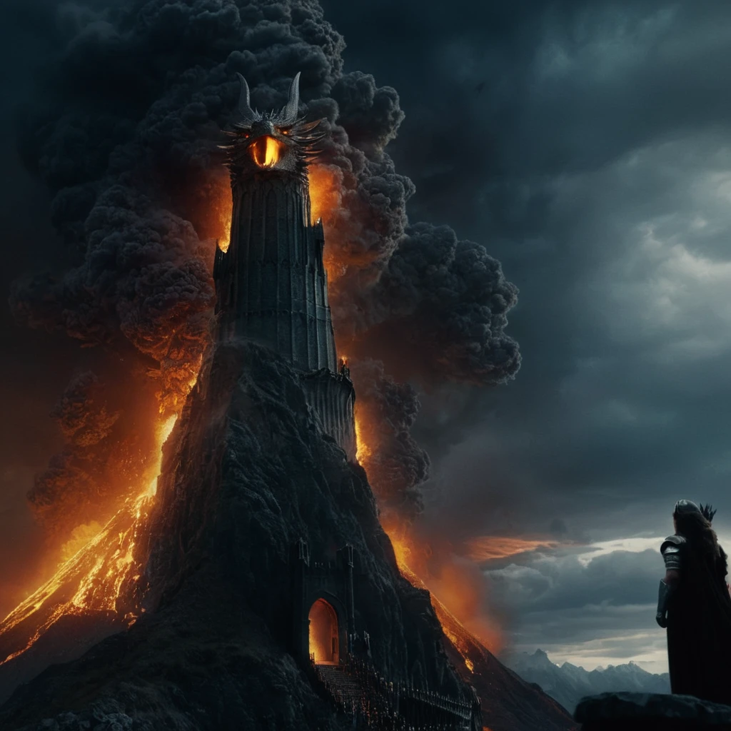 cinematic film still of <lora:The Lord of the Rings style:1>
In a Fantasy Middle-earth world in the dark ages Eye of Sauron a tower with a fire in the sky,Watchtower,outdoors,sky,cloud,no humans,glowing,cloudy sky,fire,scenery,dragon,molten rock , dramatic light, dramatic shadow light, film contrast, cinematic film color, cinematic film look, filmic, realistic, realism, perfection, perfect, movie still, fantasy drama, epic drama, fictional, Age of Wonders, Age of Empires, warriors, Medieval style, middle ages, dungeons and dragons style, different people, different, unique, kingdoms and castles, violent, aggressive, detailed, perfection, detailed face, detailed body, detailed hands, detailed eyes, sharp, horror themed, dark themed, epic fantasy adventure film style, Legendary, mythical, The Lord of the Rings style, shallow depth of field, vignette, highly detailed, high budget, bokeh, cinemascope, moody, epic, gorgeous, film grain, grainy