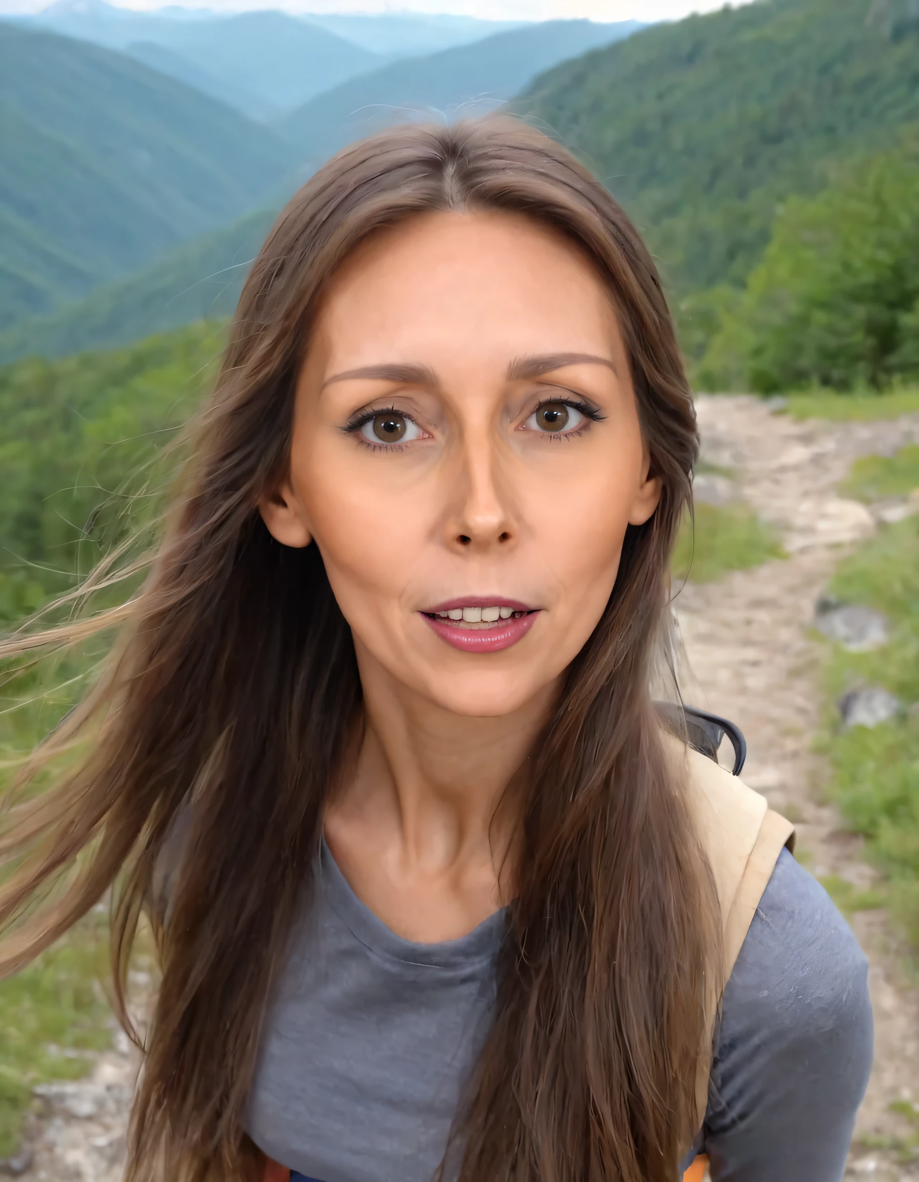 As the fitwafflekitchen girl embarked on her solo hiking journey, her long, golden-brown locks swaying gracefully in the breeze, the confident 1girl with brown eyes took in the awe-inspiring vista before her - her strength and determination resonating as she proudly gazed at the viewer. FitwaffleKitchen <lora:jioojg18e8b8ca48eq8c:1>