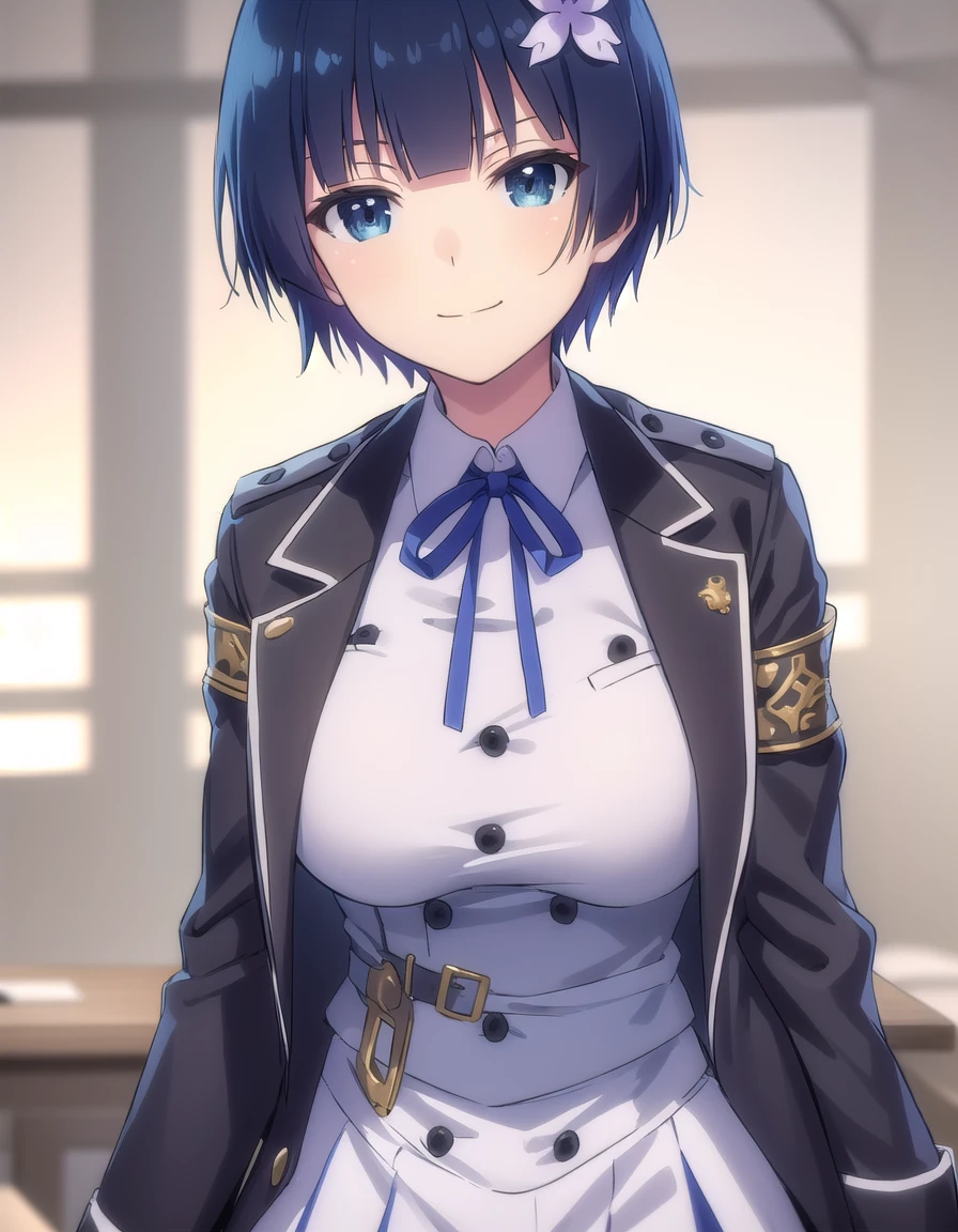 skyozakura, <lora:sk yozakura s1-lora-nochekaiser:1>,
yozakura, short hair, blue eyes, hair ornament, blue hair, hair flower,
BREAK shirt, long sleeves, ribbon, school uniform, jacket, white shirt, black ribbon, neck ribbon, buttons, grey jacket,
BREAK indoors, classroom,
BREAK looking at viewer, (cowboy shot:1.5), smile,
BREAK <lyco:GoodHands-beta2:1>, (masterpiece:1.2), best quality, high resolution, unity 8k wallpaper, (illustration:0.8), (beautiful detailed eyes:1.6), extremely detailed face, perfect lighting, extremely detailed CG, (perfect hands, perfect anatomy),