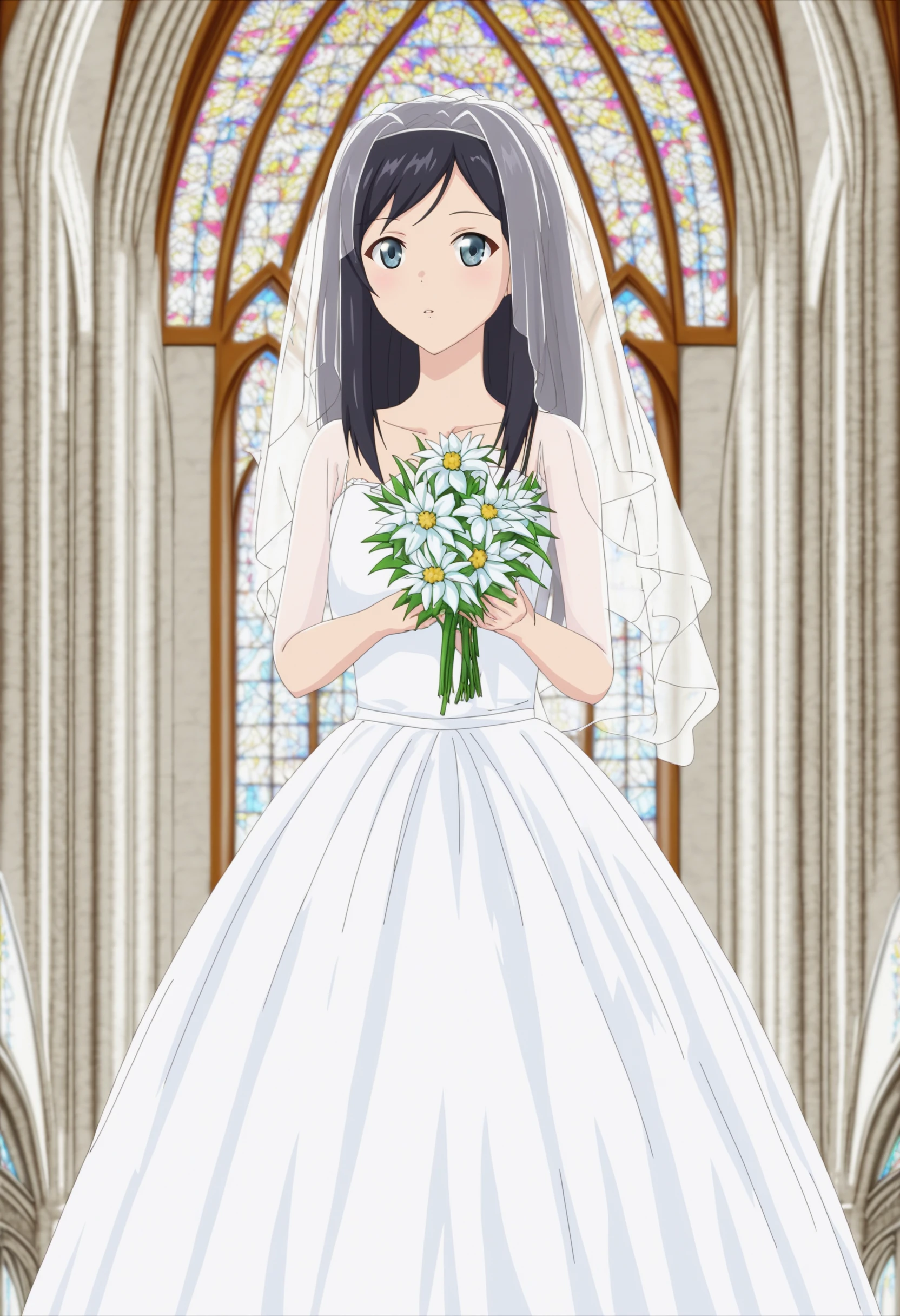 score_9, sysdeep_mitsuha, 1girl, solo, long_hair, bangs, blue_eyes, black_hair, grey_eyes, church, wedding_dress, white_dress, holding_flowers, church_windows, colorful_windows, <lora:Mitsuha Yamano - [Saving 80000 Gold in Another World for My Retirement] - Pony-XL Version 1:1>