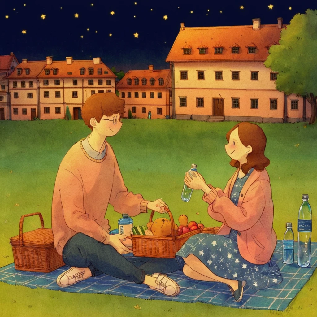 <lora:puuung-000014:0.7>,puuung, romantic ambiance, illustration, couple, picnic, sitting, grass, outdoor, animated characters, nighttime, stars, dusk, building, traditional house, green lawn, picnic basket, blue picnic blanket, food container, water bottle, male character, sweater, jeans, sneakers, female character, pink coat, patterned skirt, flat shoes, joyful expression, sharing food, cross-legged sitting, plush toy, holding hands, togetherness, affectionate gesture, drawn style, textured paper effect, warm color palette