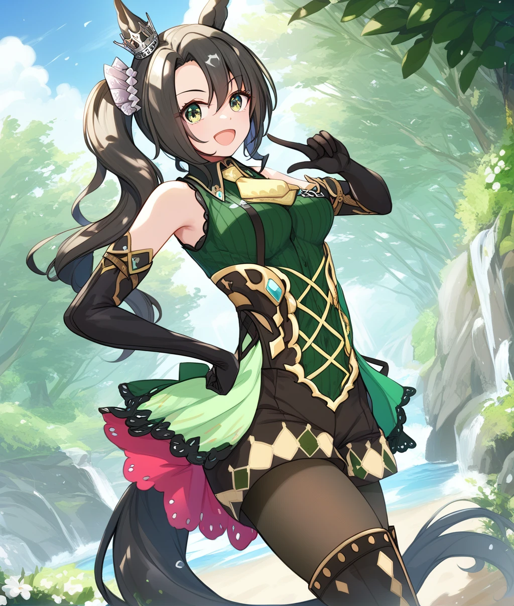 score_9, score_8_up, score_7_up BREAK
outdoors,
shobukufu_upperbody, 1girl, solo, long hair, breasts, looking at viewer, smile, open mouth, bangs, skirt, shirt, thighhighs, gloves, hair between eyes, bare shoulders, medium breasts, tail, :d, pantyhose, cowboy shot, boots, necktie, shorts, sleeveless, black gloves, elbow gloves, side ponytail, hand on hip, ascot, sleeveless shirt, thigh boots, horse ears, horse girl, index finger raised, horse tail, green shirt, ear ornament,
five fingers, <lora:satono_crown-ponyXL-000004:1>,
