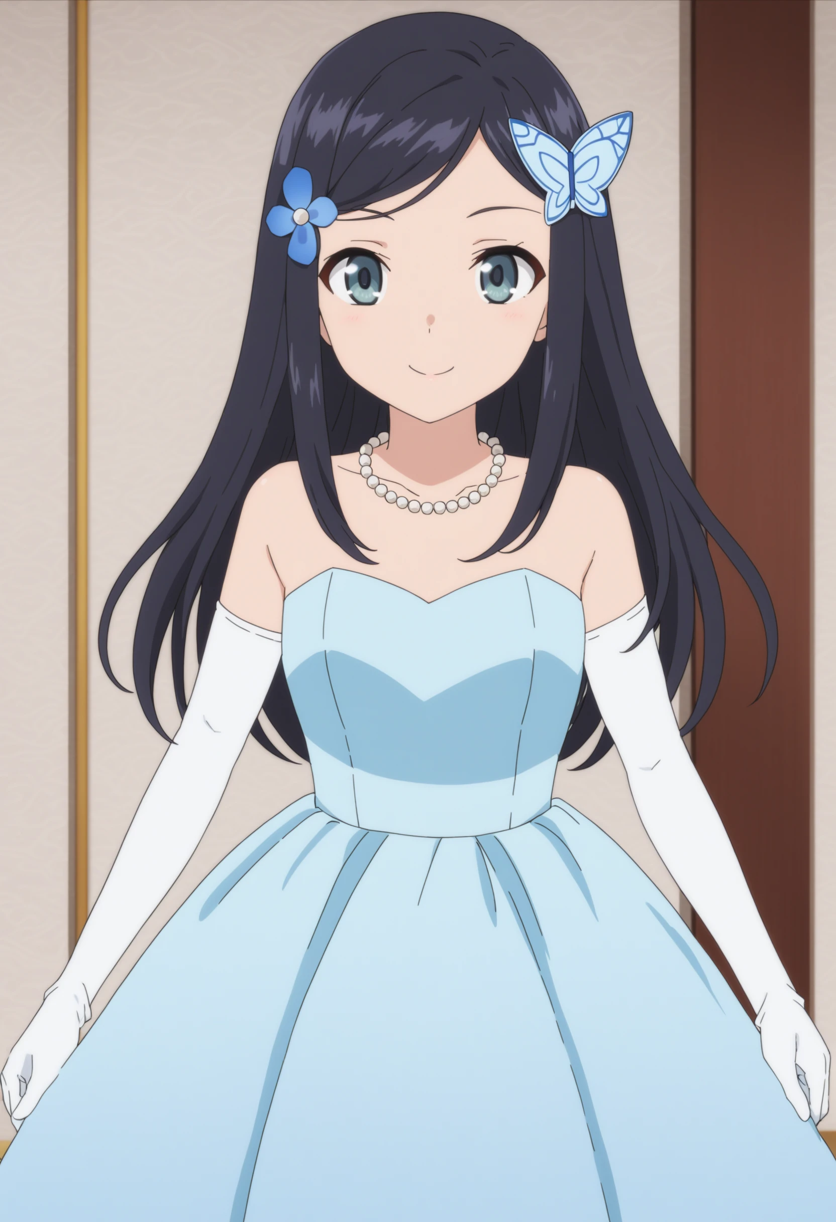 sysdeep_mitsuha, 1girl, solo, long_hair, looking_at_viewer, smile, closed_mouth, blue_eyes, black_hair, hair_ornament, gloves, dress, bare_shoulders, flower, :d, hairclip, elbow_gloves, indoors, white_gloves, hair_flower, necklace, grey_eyes, strapless, blue_dress, strapless_dress, butterfly_hair_ornament, pearl_necklace, anime_coloring, <lora:Mitsuha Yamano - [Saving 80000 Gold in Another World for My Retirement] - XL Version 1:1>