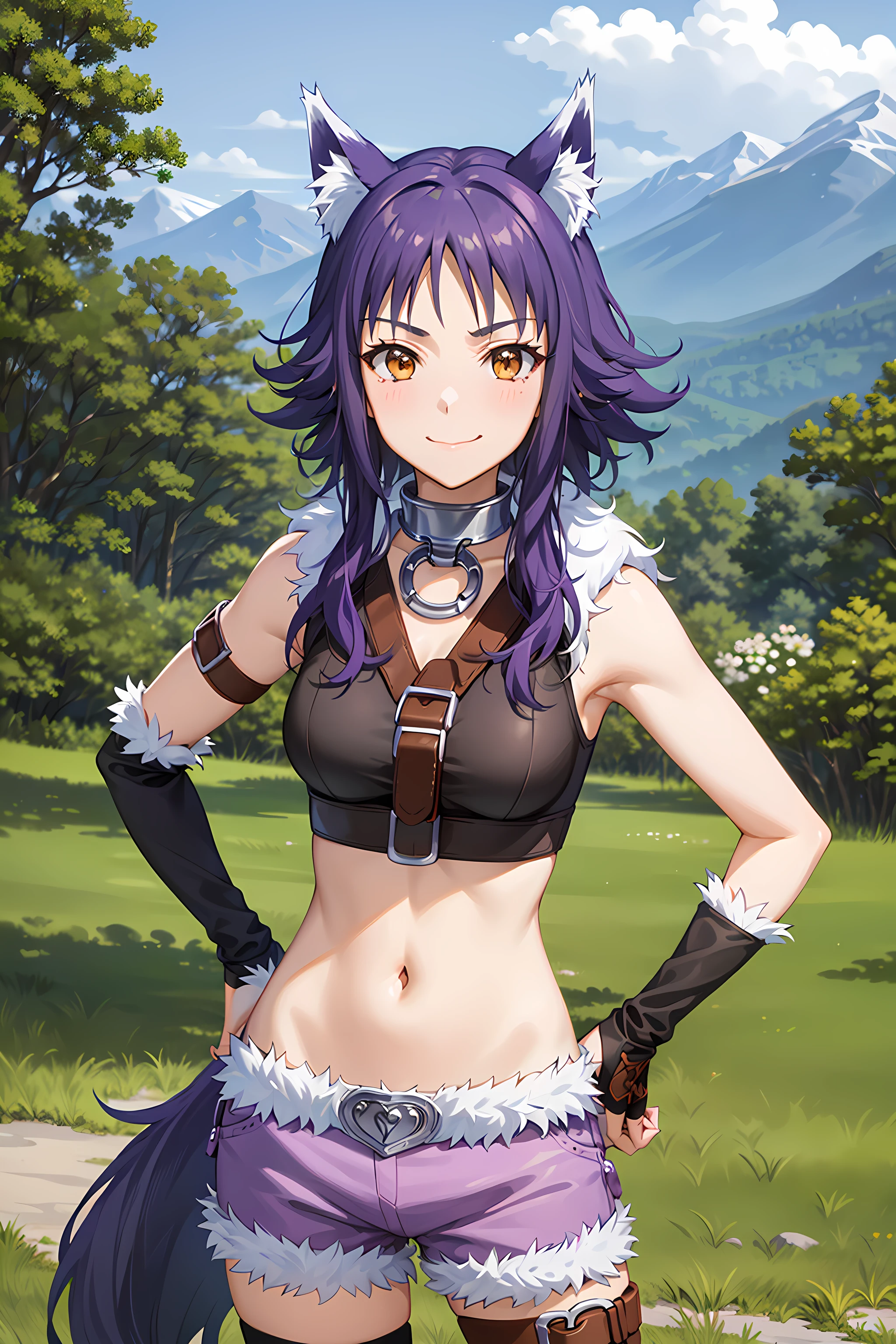 best quality, masterpiece, detailed,
<lora:PrincessConnect_Makoto:0.8>, Makoto,
1girl, closed mouth, light smile,
purple hair, medium hair, brown eyes, wolf ears, sidelocks,
crop top, sleeveless, fur trim, purple shorts, metal collar, elbow gloves, arm belt,
looking at viewer, hands on own hips,
outdoors, forest, mountain