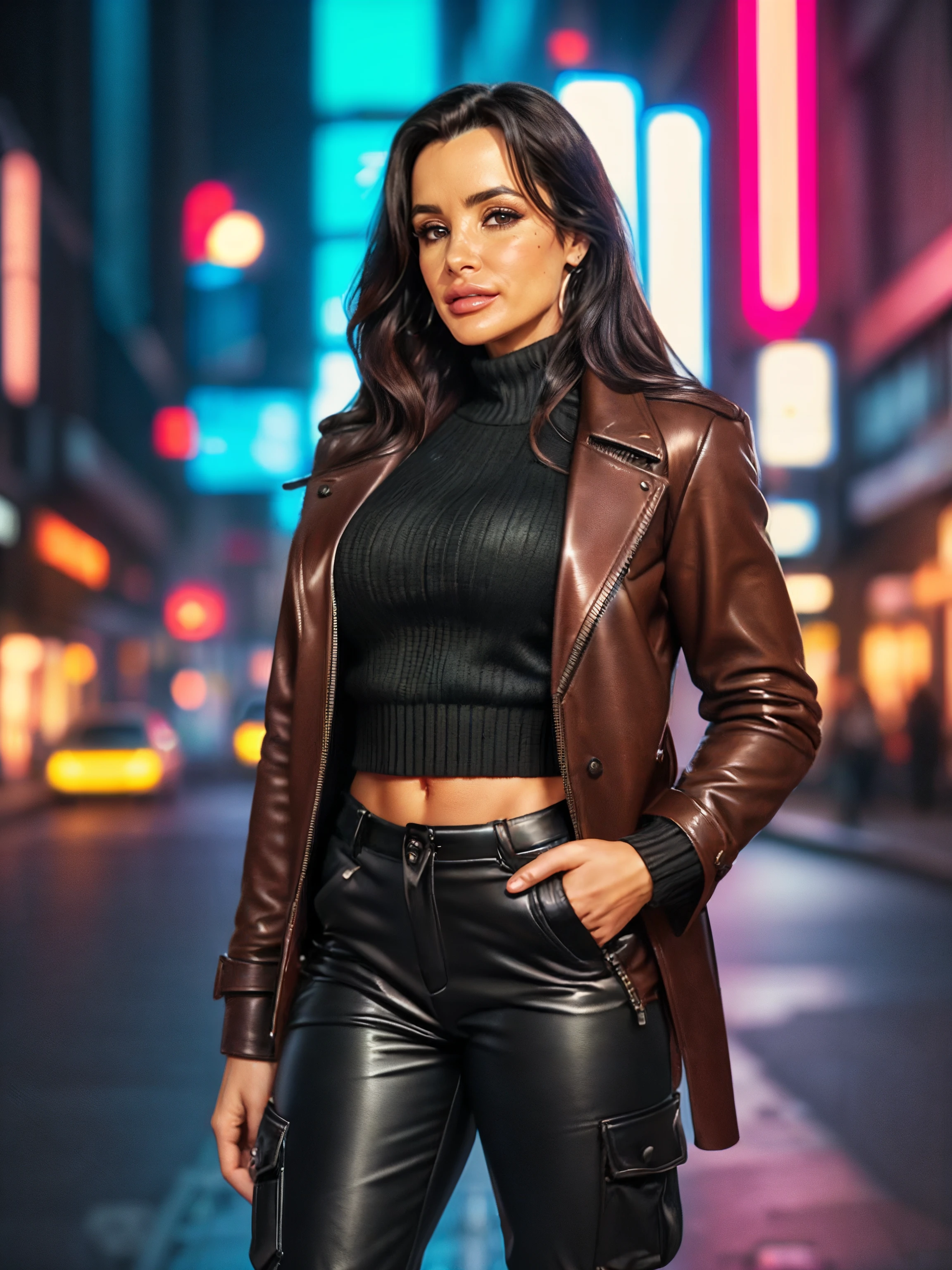 lisaann, photo of a beautiful busty woman, long perfect hair, (wearing leather-coat, jumper, cargo-pants:1.2), (dystopian city street, night time, neon lights:1.2),  (analog, cinematic, film grain), ((detailed eyes)), (color picture:1.1), Fujifilm XT3,  <lora:lisaann:1>