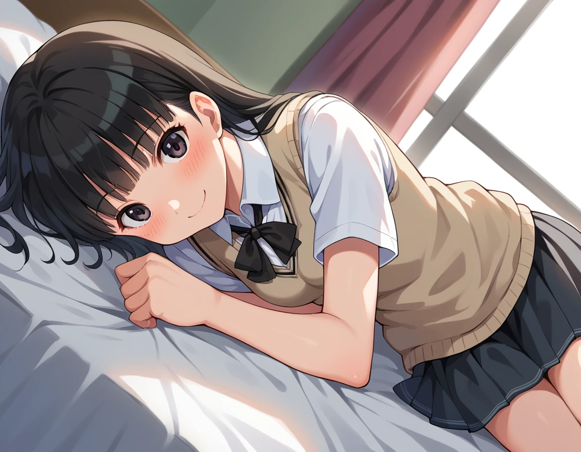 score_9, score_8_up, score_7_up, source_anime,
tsukasaayatsuji, <lora:tsukasa-ayatsuji-ponyxl-lora-nochekaiser:1>
tsukasa ayatsuji, black hair, long hair, bangs, blunt bangs, black eyes, smile,
kibito high school uniform, school uniform, sweater vest,
indoors, bed, bed room, on side, blush, drunk,
looking at viewer, dutch angle, cowboy shot