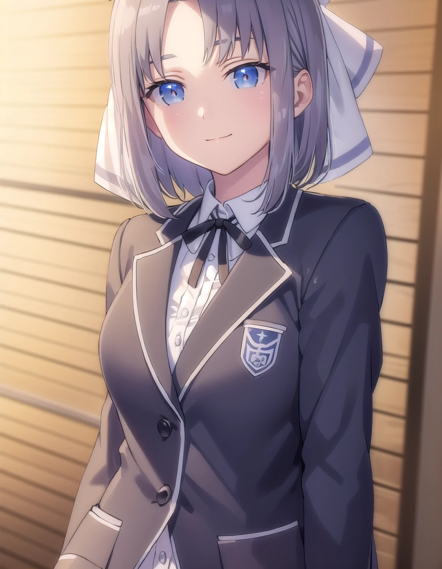 skyumi, <lora:sk yumi s1-lora-nochekaiser:1>,
yumi, short hair, blue eyes, grey hair, hair bow, (parted bangs:1.5),
BREAK shirt, long sleeves, ribbon, school uniform, jacket, white shirt, black ribbon, neck ribbon, buttons, grey jacket,
BREAK indoors, classroom,
BREAK looking at viewer, (cowboy shot:1.5), smile,
BREAK <lyco:GoodHands-beta2:1>, (masterpiece:1.2), best quality, high resolution, unity 8k wallpaper, (illustration:0.8), (beautiful detailed eyes:1.6), extremely detailed face, perfect lighting, extremely detailed CG, (perfect hands, perfect anatomy),