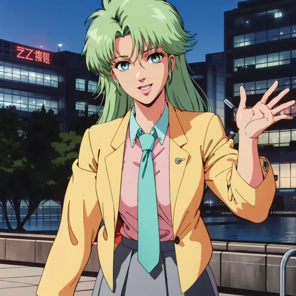 <lora:MZ2TokimatsuriEve001:0.7>,looking at viewer,smile,open mouth,
solo,
MZ2TokimatsuriEve,1girl,green hair,long hair,aqua eyes,1990s (style),
jacket,shirt,necktie,
skirt,