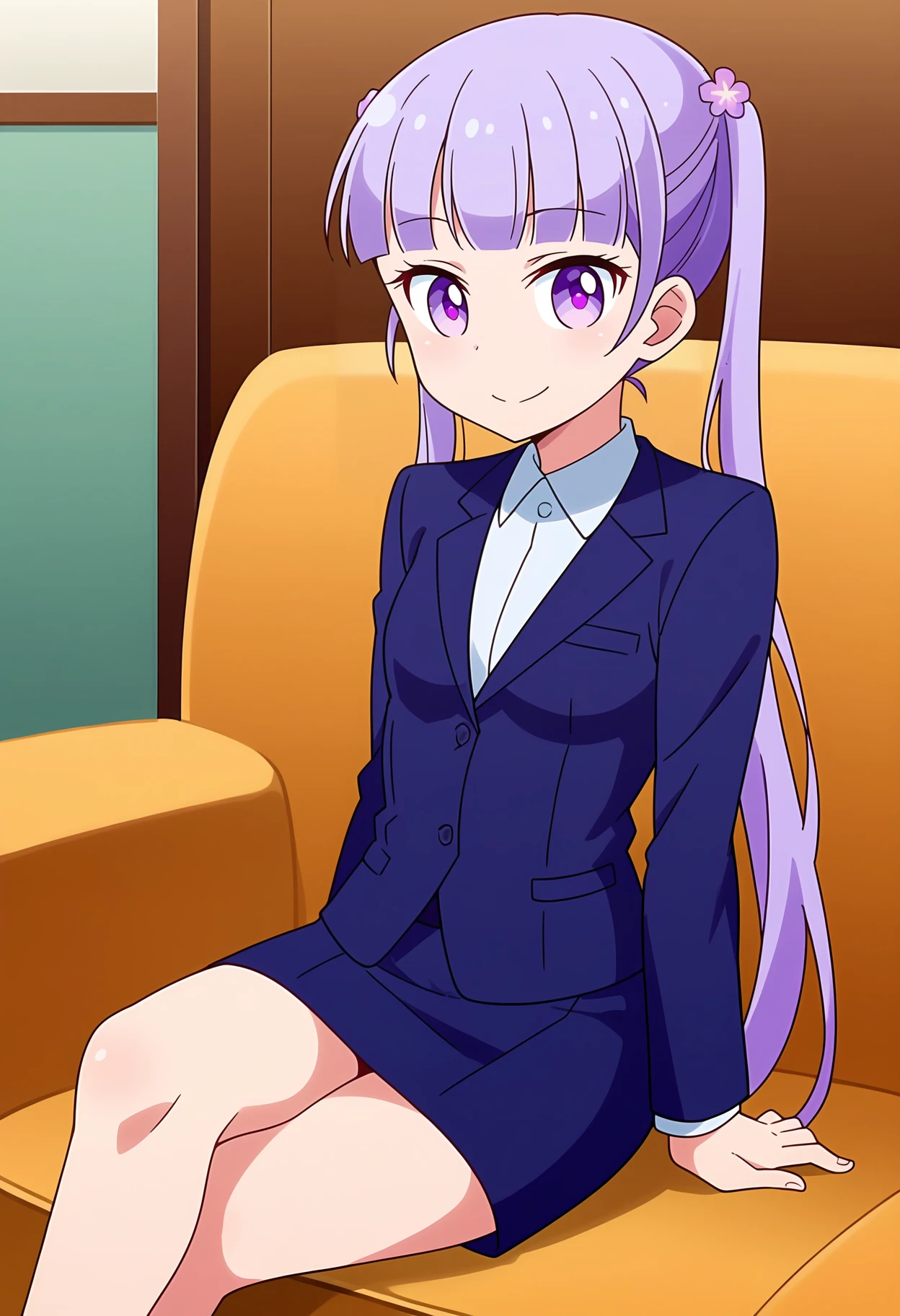 score_9, score_8_up, <lora:EmployeeAobaSuzukaze_Exotica:1>, 1girl, solo, small breasts, long purple hair, purple flower hair ornament, twintails, purple eyes, blunt bangs, white collared shirt, blue jacket, formal, blazer, suit, business suit, skirt suit, happy, closed mouth, sitting, crossed legs, anime screencap, anime coloring, source_anime