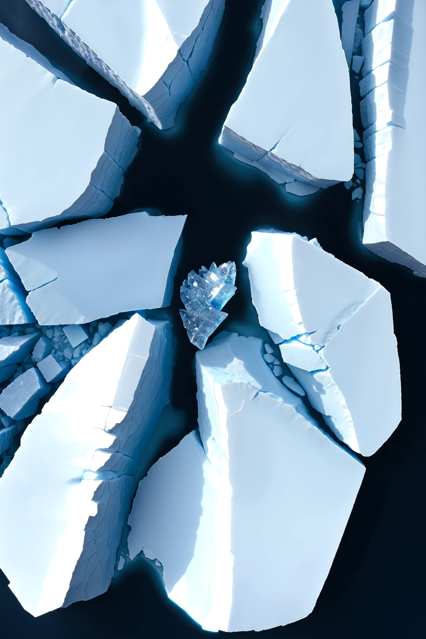 best quality, masterpiece, detailed, realistic, photorealistic, aerial\(ttp\), An aerial view of the icy Arctic, where a vast blue glacier sparkles under the sunlight, with cracks and icebergs creating unique topography in this quiet realm. The aerial perspective reveals the fragile beauty of this cold world, hinting at the ephemeral nature of some of the Earth's beautiful landscapes