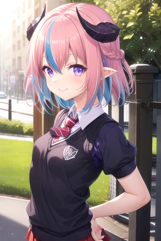 ((masterpiece)),(best quality),official art,extremely detailed CG,unity 8k wallpaper,ultra detailed,beautiful detailed eyes,extremely detailed face,outdoors,1girl,solo,upper body,(portrait:1.5),looking at viewer,facing viewer,(petite:1.3),smile,Hellmilia van Noxrose,short hair,pink hair,blue hair,two-tone hair,multicolored hair,demon horns,curled horns,braid,pointy ears,hair between eyes,bangs,purple eyes,white sweater vest,red necktie,black shirt,collared shirt,puffy short sleeves,medium breasts,underbust,miniskirt,red skirt,pleated skirt,black thighhighs,black footwear,loafers,<lora:Hellmilia van Noxrose(hsr):0.8>,
