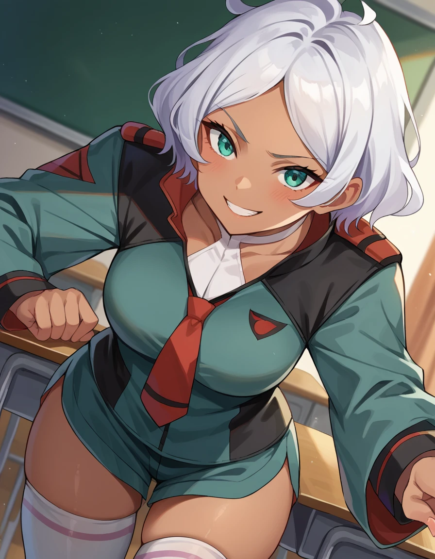 score_9, score_8_up, score_7_up, source_anime,
seceliadote, <lora:secelia-dote-ponyxl-lora-nochekaiser:1>
secelia dote, dark skin, dark-skinned female, green eyes, short hair, white hair, smile,
asticassia school uniform, green jacket, jacket, school uniform, shirt, shoulder boards, thighhighs, thighs, white shirt, white thighhighs,
indoors, classroom, bent over,
looking at viewer, dutch angle, cowboy shot