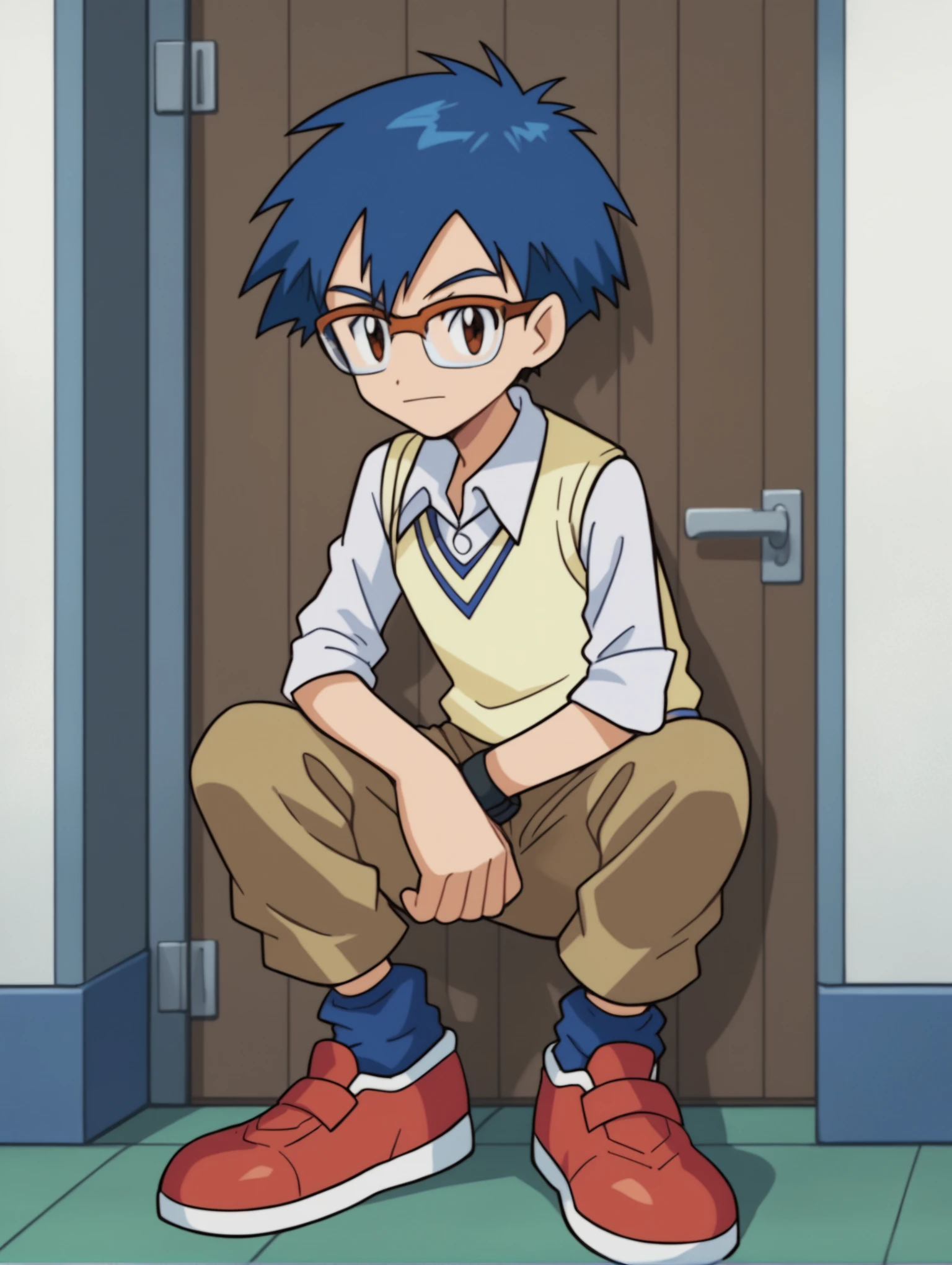 score_9, score_8_up, score_7_up, score_6_up, score_5_up, score_4_up, source_anime, BREAK
looking at viewer, <lora:Digimon:0.8> digimon, 1boy, solo, jo, brown eyes, blue hair, glasses, white shirt, collar, sweater vest, brown shorts, blue socks, white and red shoes,