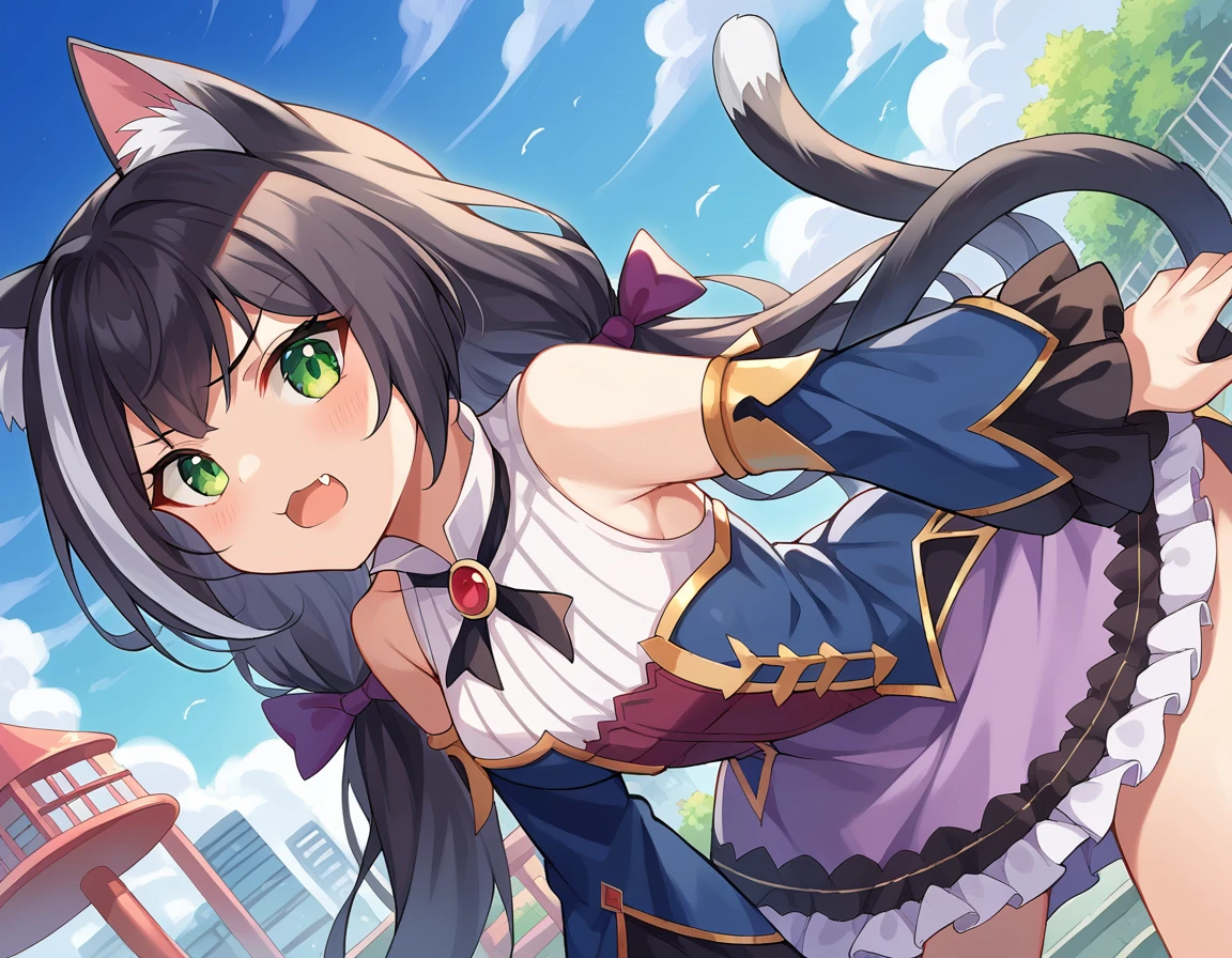 score_9, score_8_up, score_7_up, source_anime,
princessconnectkaryl, <lora:princess-connect-karyl-ponyxl-lora-nochekaiser:1>
karyl, animal ear fluff, animal ears, black hair, black ribbon, cat ears, cat girl, cat tail, fang, green eyes, hair bow, long hair, low twintails, multicolored hair, purple bow, ribbon, skin fang, streaked hair, tail, twintails, vertical stripes, white hair,
arm support, blue sleeves, bow, brooch, detached sleeves, dress, frilled sleeves, frills, multicolored clothes, multicolored dress, neck ribbon, sleeveless, sleeveless dress, striped,
outdoors, cityscape, bent over,
looking at viewer, dutch angle, cowboy shot