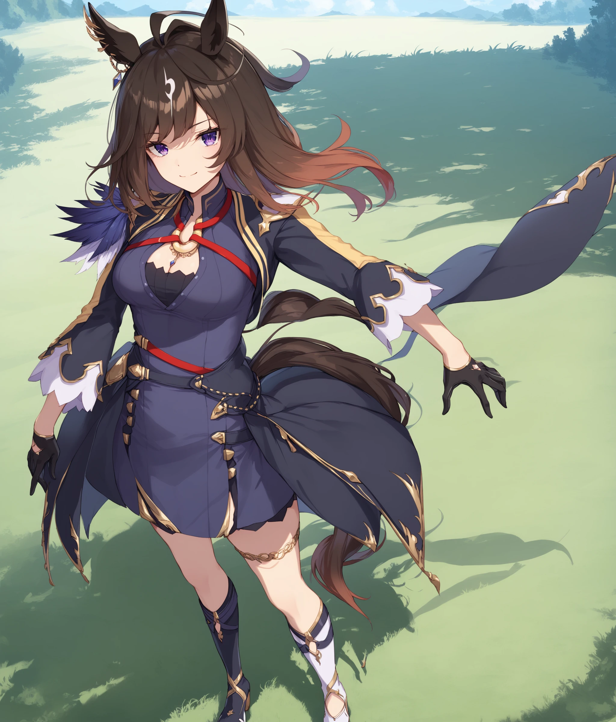 score_9, score_8_up, score_7_up, source_anime, 2D, anime BREAK
grassland, 
shobofuku, 1girl, solo, long hair, breasts, looking at viewer, smile, bangs, blue eyes, brown hair, gloves, long sleeves, dress, animal ears, cleavage, medium breasts, closed mouth, standing, purple eyes, jacket, tail, full body, boots, coat, floating hair, shadow, white footwear, knee boots, horse ears, grass, horse girl, horse tail, asymmetrical footwear, mismatched footwear, <lora:duramente-ponyXL-000005:1>,