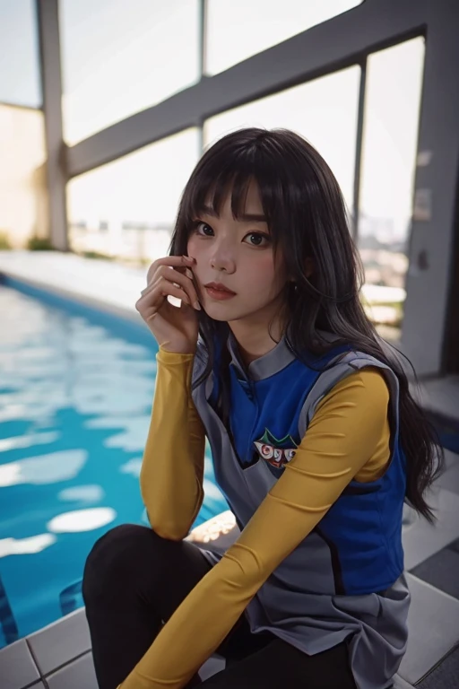 1girl,long hair,bangs,xig dress,grey vest,yellow sleeves,pantyhose,looking at viewer,swimming pool,photography,masterpiece,best quality,<lora:XIG_Female_Uniform:0.9>,
