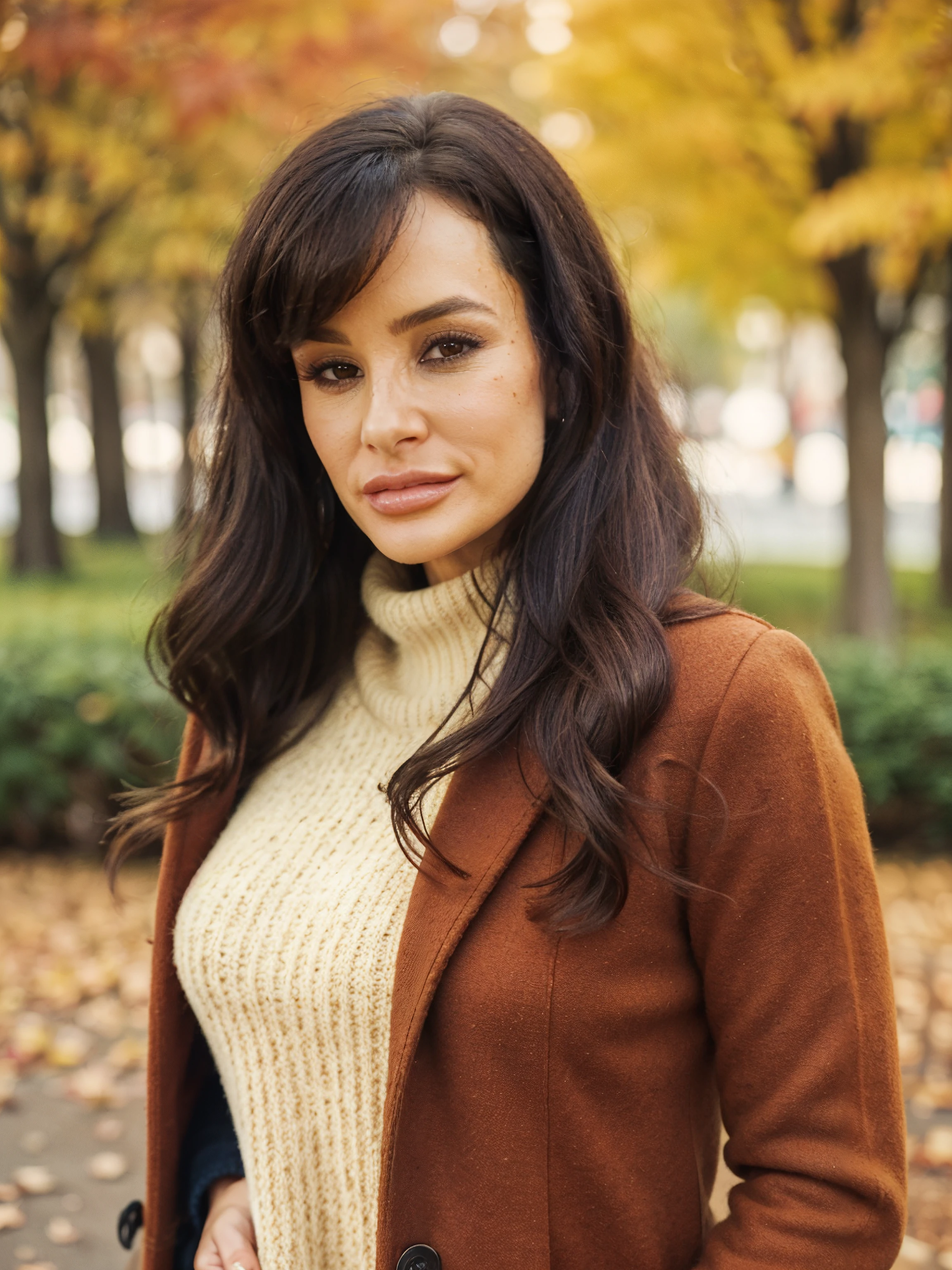 lisaann, photo of a beautiful woman, long perfect hair, (wearing brown-wool-coat, red-jumper, jeans:1.2), (city park, autumn:1.2), (analog, cinematic, film grain), ((detailed eyes)), (color picture:1.1), Fujifilm XT3, <lora:lisaann:1>