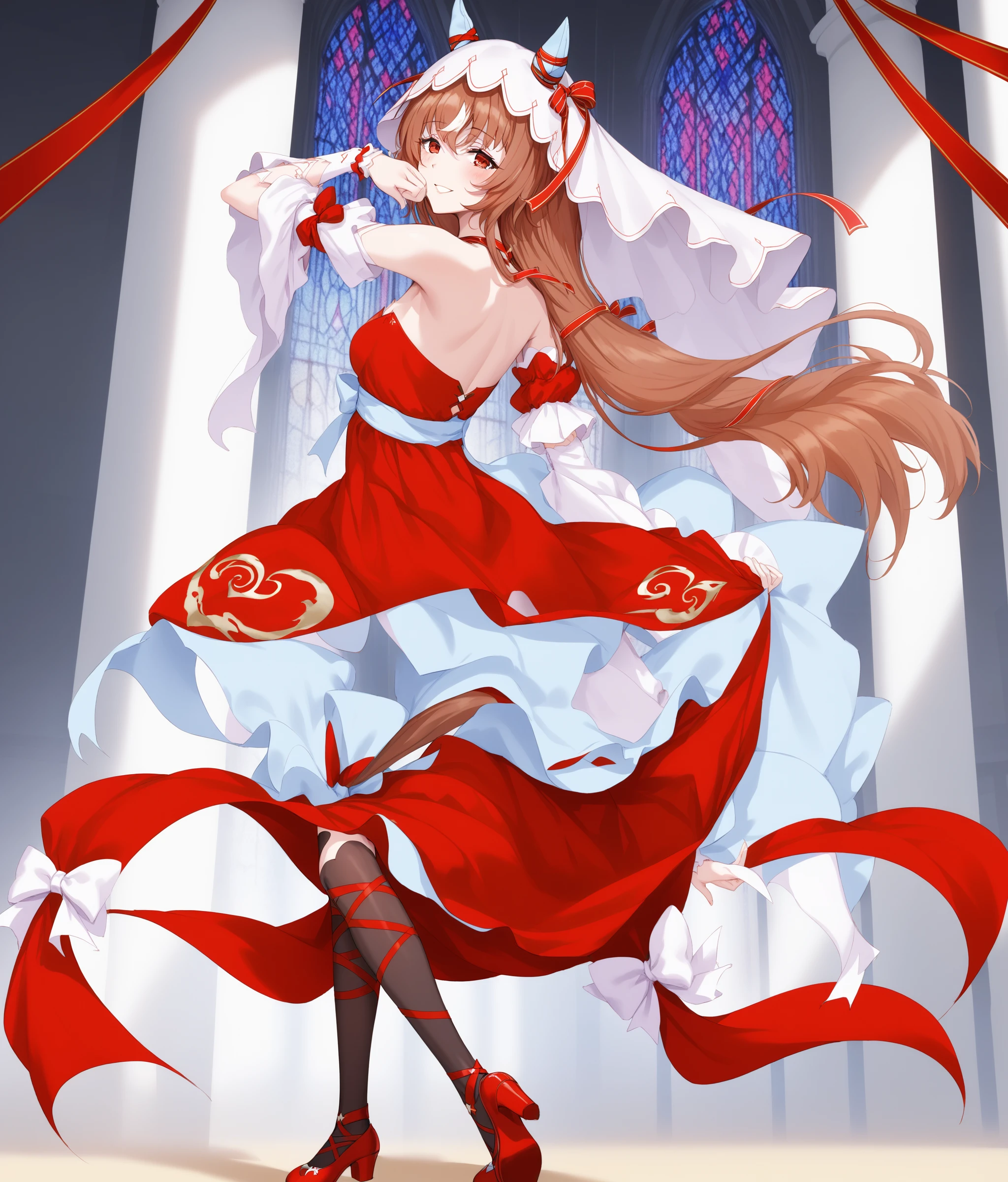 score_9, score_8_up, score_7_up, source_anime, 2D, anime BREAK
masterpiece, highly_detailed, highres,
church, dark, night, (back, dancing, dynamic pose),
shobofuku, <lora:StillinLove_v1-ponyXL:0.9>, full body,
1girl, , mature, tall, solo, red eyes, bare shoulders, small breasts, horse ears, horse tail, yandere, yandere trance,
bangs, eyebrows visible through hair, long brown hair, streaked hair, hair between eyes, hair scrunchie, veil,
criss-cross halter, red dress, detached sleeves, black thighhighs, ribbon leg wrapping, (red footwear),
dress bow, ribbon, bow, red bow, jewelry,
smile, blush,