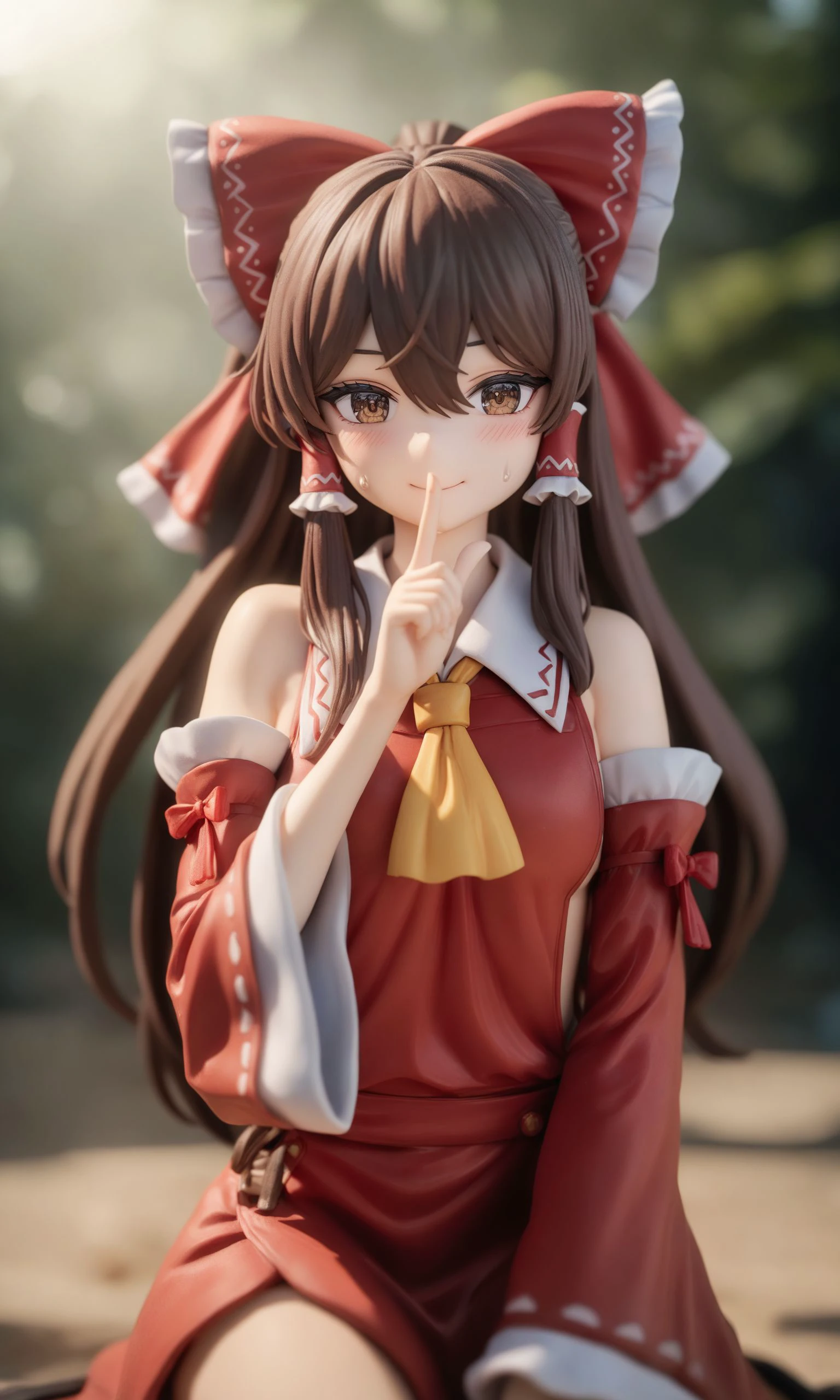 hakurei_reimu,1girl,hair tubes,hair bow,detached sleeves,looking at viewer,brown eyes,blush,red bow,finger to mouth,shushing,ascot,bare shoulders,smile,wide sleeves,ribbon-trimmed sleeves,ribbon trim,sweat,index finger raised,hair between eyes,sidelocks,body,Standing on the ground,, <lora:hakurei_reimu XL:1>, surreal,amazing quality,masterpiece,best quality,awesome,inspiring,cinematic composition,soft shadows,Film grain,shallow depth of field,highly detailed,high budget,cinemascope,epic,OverallDetail,color graded cinematic,atmospheric lighting,imperfections,natural,shallow dof,best quality,masterpiece,realistic,HDR,UHD,8K,absurdres,realistic