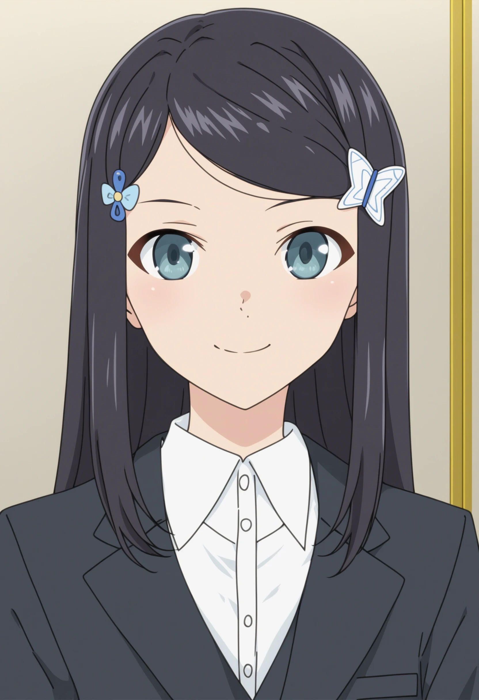 score_9, sysdeep_mitsuha, 1girl, solo, long_hair, smile, blue_eyes, shirt, black_hair, hair_ornament, jacket, white_shirt, upper_body, hairclip, collared_shirt, grey_eyes, dress_shirt, formal, suit, anime_coloring, <lora:Mitsuha Yamano - [Saving 80000 Gold in Another World for My Retirement] - Pony-XL Version 1:1>