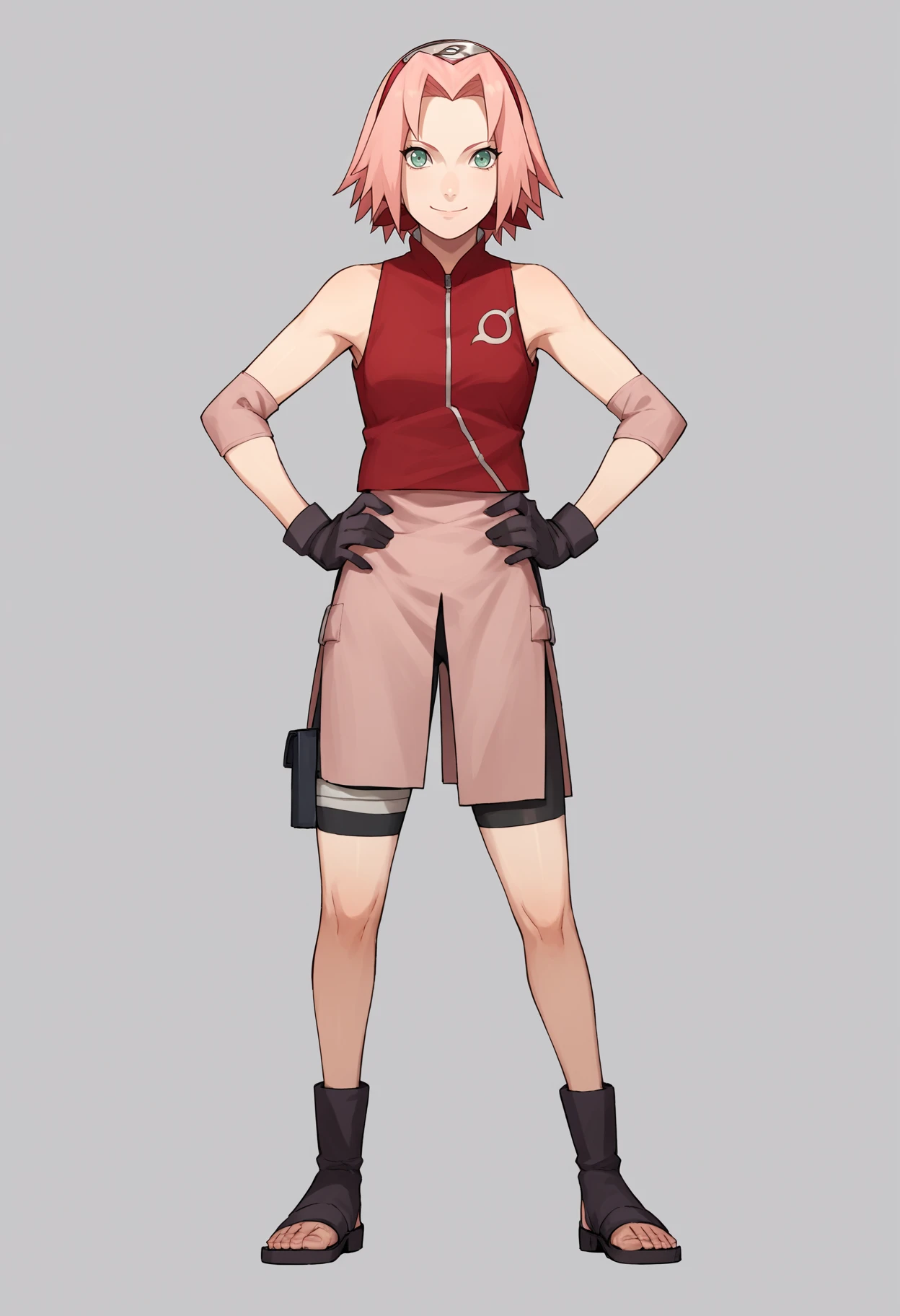 score_9, score_8_up, score_7_up, score_6_up, score_5_up, score_4_up, BREAK, source_anime,
1girl, haruno sakura, pink hair, short hair, green eyes, sleeveless, red shirt, forehead protector, beautiful legs, black gloves,
standing, pussy, bottomless, full body, looking at viewer, solo, konoha background, konohagakure hiden village background