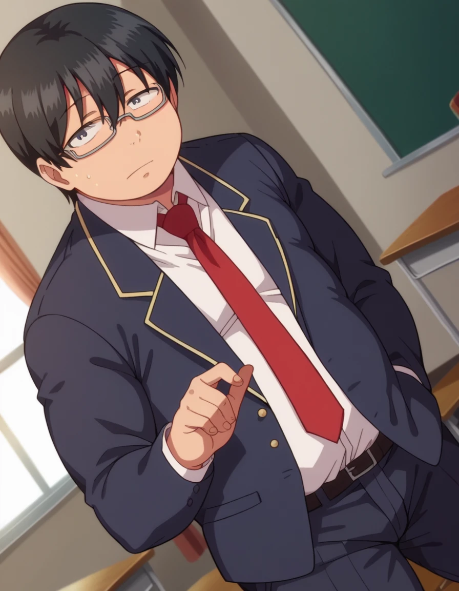 score_9, score_8_up, score_7_up, source_anime,
tazaki, <lora:tazaki-ponyxl-lora-nochekaiser:1>
tazaki, male focus, black hair, black eyes, glasses, hair between eyes, fat,
school uniform, blazer, necktie, shirt, white shirt, collared shirt, pants,
indoors, classroom,
looking at viewer, cowboy shot, dutch angle,