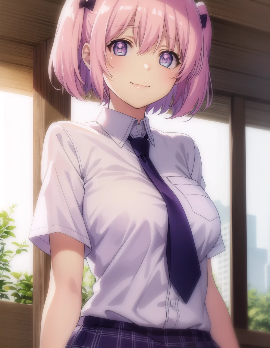 skhibari, <lora:sk hibari s1-lora-nochekaiser:1>,
hibari, short hair, bow, twintails, pink hair, hair bow, symbol-shaped pupils, short twintails, blue eyes,
BREAK skirt, bow, school uniform, necktie, purple skirt,
BREAK outdoors, classroom,
BREAK looking at viewer, (cowboy shot:1.5), smile,
BREAK <lyco:GoodHands-beta2:1>, (masterpiece:1.2), best quality, high resolution, unity 8k wallpaper, (illustration:0.8), (beautiful detailed eyes:1.6), extremely detailed face, perfect lighting, extremely detailed CG, (perfect hands, perfect anatomy),