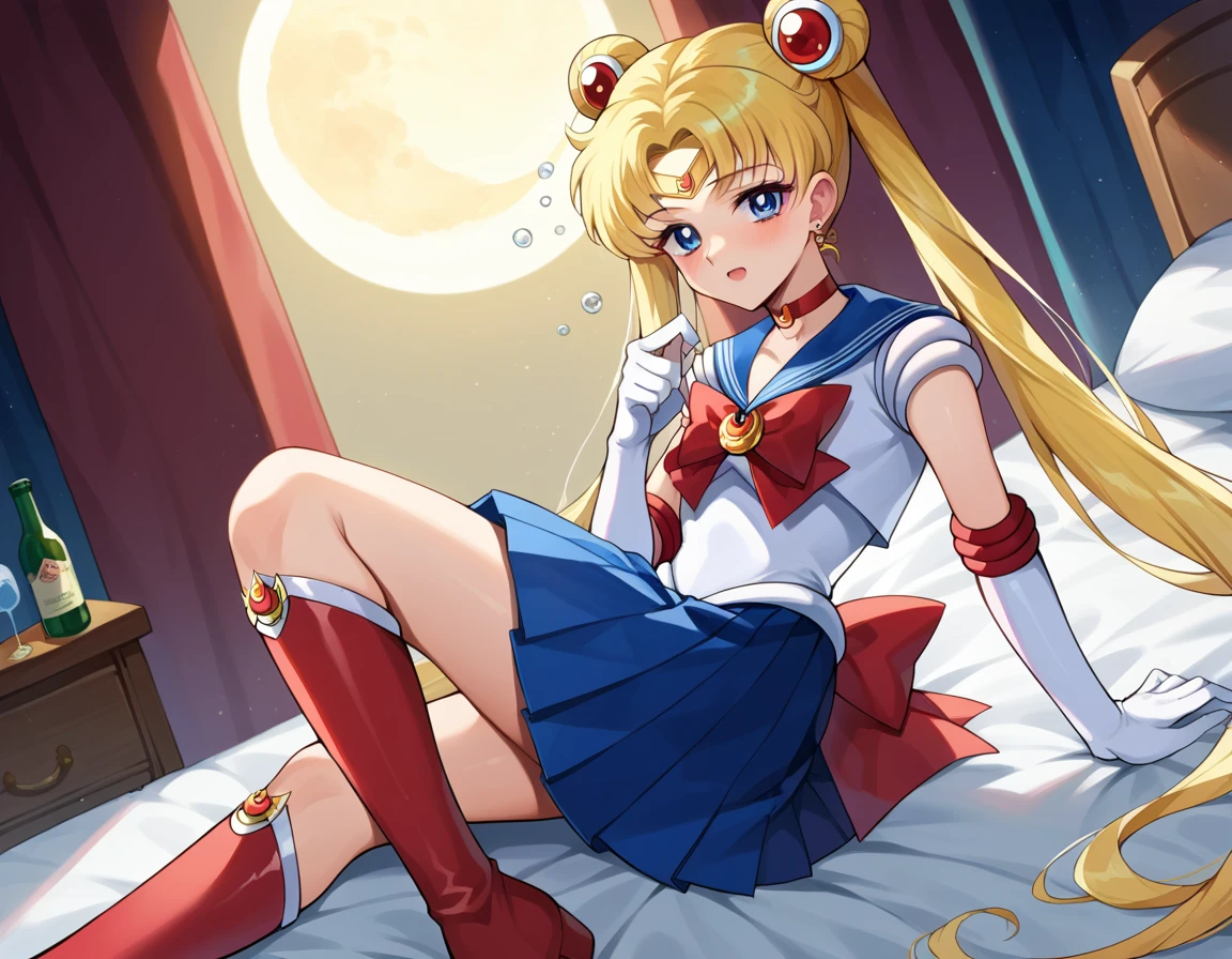 score_9, score_8_up, score_7_up, 

bishoujo_senshi_sailor_moon,super_sailor_moon,tsukino_usagi,pleated_skirt,red_choker,thighhighs

on bed, thighs, hand between thighs, blush, look at viewer, lying