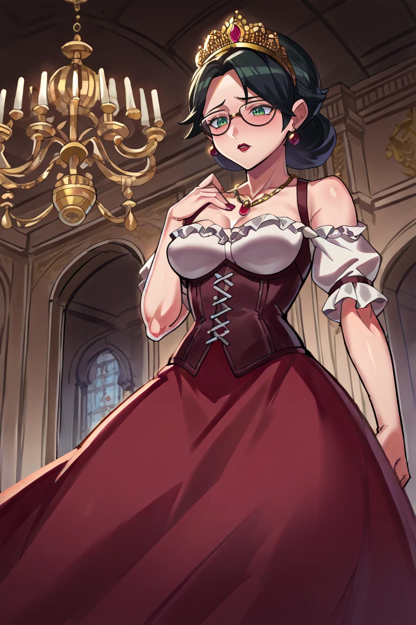 score_9, score_8_up, score_7_up, score_6_up, source_anime, BREAK 1girl, solo <lora:mspauling-pdxl-nvwls-v1-000008:0.9> mspauling, black hair, glasses, medium breasts, gold tiara, corset, red ballgown, center frills, red skirt, gold necklace, red lipstick, blush, green eyes, mansion, chandelier, standing