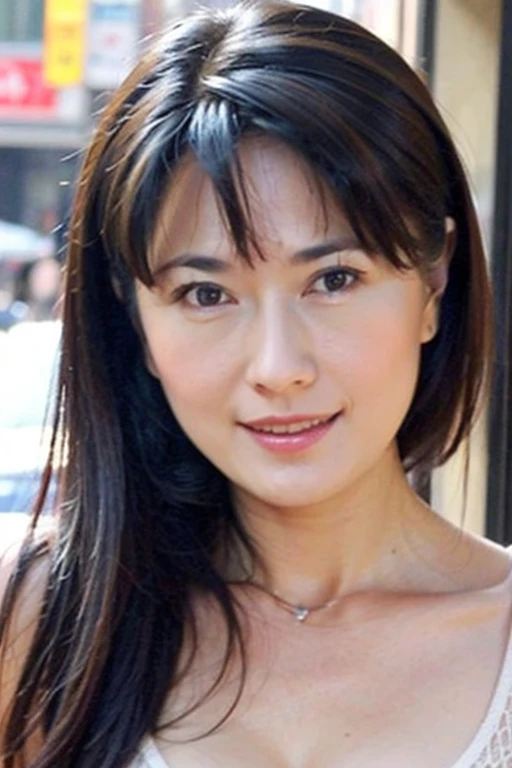 Best quality,masterpiece,ultra high res,photorealistic,1girl,slim body,japanese street alley,dynamic pose,face closeup,depth of field,smile,makeup,<lora:weiru_ge:1>,cleavage,