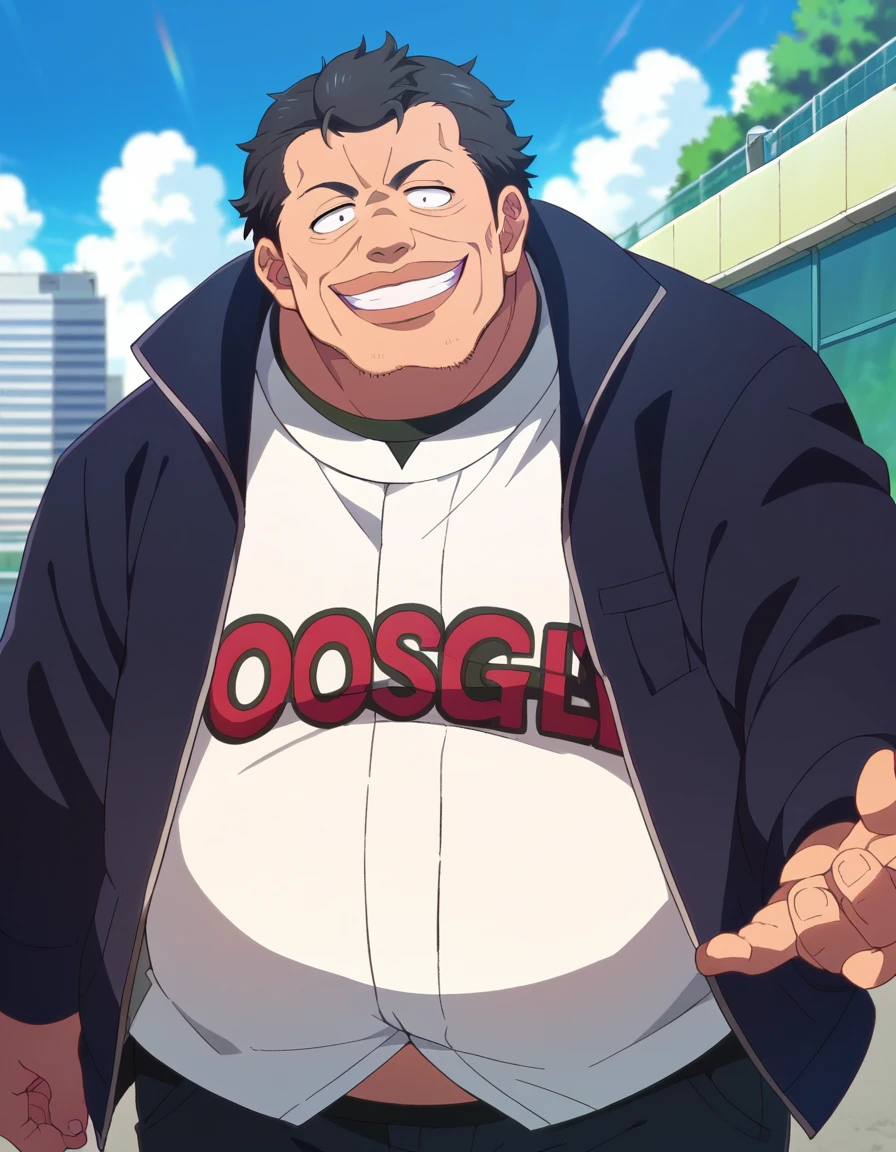 score_9, score_8_up, score_7_up, source_anime,
gonzoukosugi, <lora:gonzou-kosugi-ponyxl-lora-nochekaiser:1>
gonzou kosugi, short hair, black hair, male focus, facial hair, stubble, fat, fat man, black eyes,
shirt, jacket, white shirt, open clothes,
outdoors, cityscape, smile,
looking at viewer, dutch angle, cowboy shot