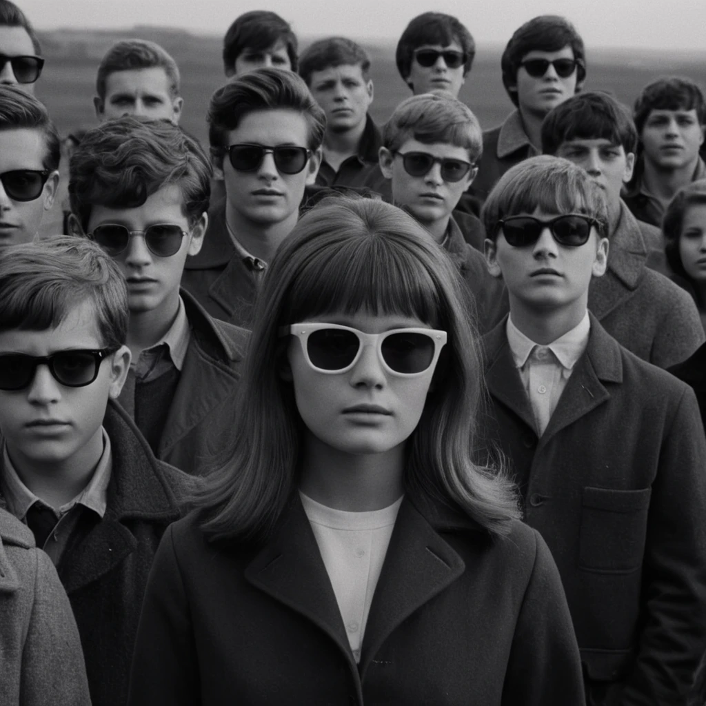 cinematic film still of <lora:1960's style:1>
From below, In the 1960's a group of people standing next to each other,1girl,long hair,jacket,monochrome,greyscale,multiple boys,parody,sunglasses,cross,6+boys,4boys,realistic,5boys ,realistic,realism, detailed, perfection,perfect,filmic,retro,vintage,classic,different haircut,different look,different style,1960's style , 1960 style, shallow depth of field, vignette, highly detailed, high budget, bokeh, cinemascope, moody, epic, gorgeous, film grain, grainy