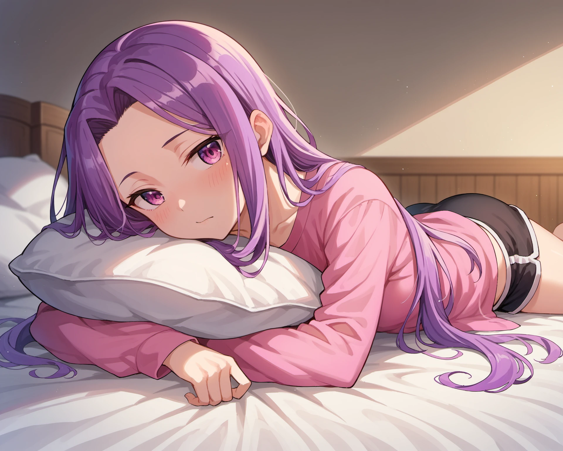 One girl with long hair, big buns, dark purple hair, looking at viewer, embarrassed, blushing, tears, indoor , white pajamas, perfect waist, bed, sit on, spread legs, morning atmosphere, kneeling pose