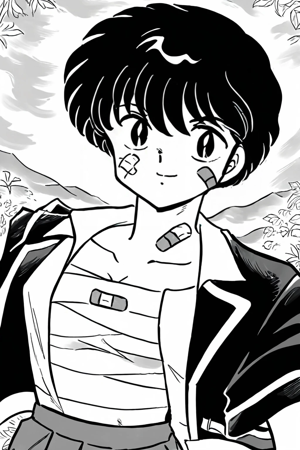 in ru_ta artstyle, 1boy, greyscale, monochrome, solo, bandaid, short hair, bandaid on face, sarashi, smile, bandaged chest, school uniform jacket, open jacket,  <lora:Rumiko_Takahashi_Style_LoRA_PonySDXL:1>