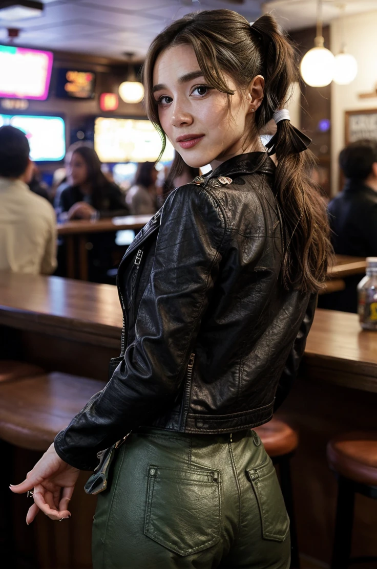 tv_Mackenzie_Jones_OF, , , hard expression, wearing biker boots, wearing detailed leather pants, wearing a band t-shirt, wearing a leather jacket, standing at the bar in a biker bar, shot from the side,, 8k resolution, highres, high detail, sharp focus, detailed skin, 8k uhd,